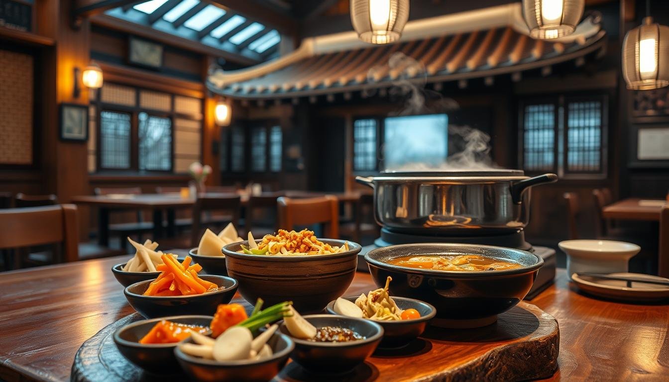 A cozy Korean restaurant interior, with warm lighting and traditional Korean decor elements. In the foreground, a selection of Korean banchan (small side dishes) arranged artfully on a rustic wooden table, including kimchi, seasoned bean sprouts, and pickled radish. In the middle ground, a steaming hot pot of Korean stew, its broth simmering with aromatic spices and herbs. The background features the distinctive architecture of a traditional Korean hanok house, with its curved tiled roof and wooden beams. The overall atmosphere evokes a sense of authentic Korean culture and hospitality.