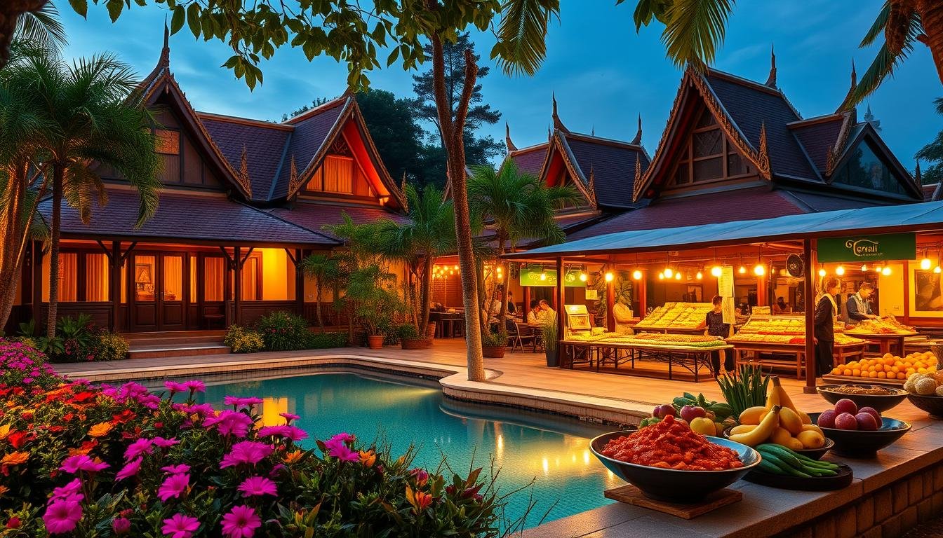 A cozy Thai hotel nestled in lush greenery, with vibrant flower beds and a tranquil pool in the foreground. In the middle ground, a bustling night market showcases an array of mouthwatering local delicacies - sizzling street food, fragrant curries, and exotic fruits. Warm lighting casts a golden glow, evoking the inviting atmosphere of a Thai evening. The background features iconic Thai architecture, with ornate roofs and intricate carvings. A sense of harmony and cultural immersion pervades the scene, enticing the viewer to explore the delights of Thai hospitality and culinary traditions. A cozy Thai hotel nestled in lush greenery, with vibrant flower beds and a tranquil pool in the foreground. In the middle ground, a bustling night market showcases an array of mouthwatering local delicacies - sizzling street food, fragrant curries, and exotic fruits. Warm lighting casts a golden glow, evoking the inviting atmosphere of a Thai evening. The background features iconic Thai architecture, with ornate roofs and intricate carvings. A sense of harmony and cultural immersion pervades the scene, enticing the viewer to explore the delights of Thai hospitality and culinary traditions.