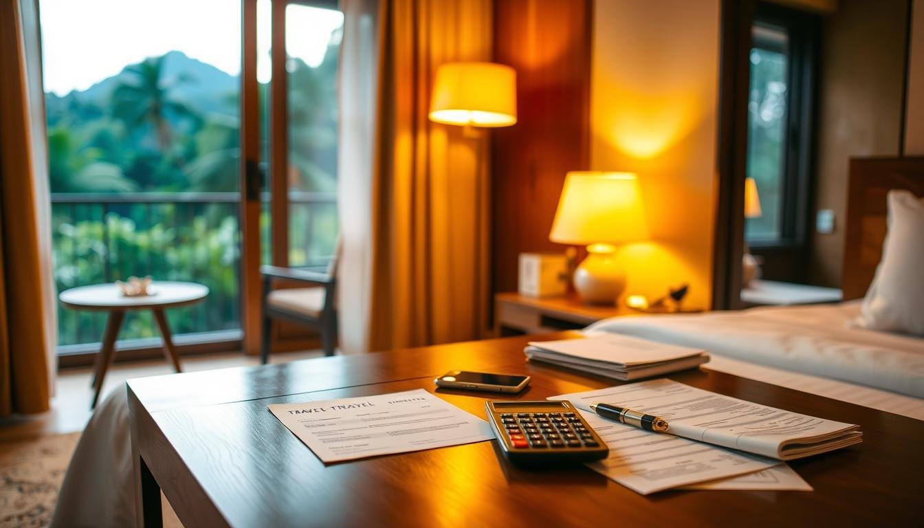 A cozy Thai hotel room with a warm, inviting ambiance. Soft lighting illuminates the room, casting a golden glow. The focus is on a wooden desk with a laptop, calculator, and various travel documents, representing the budget planning process. The background features a window overlooking a lush, tropical landscape, adding to the serene atmosphere. The overall composition conveys a sense of organization and thoughtfulness in planning a Thai vacation within a reasonable budget. A cozy Thai hotel room with a warm, inviting ambiance. Soft lighting illuminates the room, casting a golden glow. The focus is on a wooden desk with a laptop, calculator, and various travel documents, representing the budget planning process. The background features a window overlooking a lush, tropical landscape, adding to the serene atmosphere. The overall composition conveys a sense of organization and thoughtfulness in planning a Thai vacation within a reasonable budget.