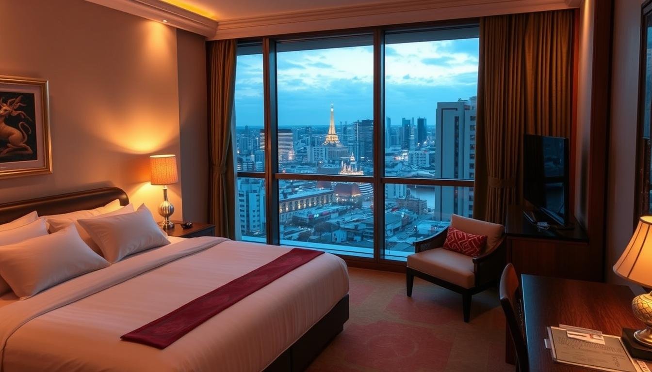 A cozy Thai hotel room with a warm, inviting atmosphere. Large windows offer panoramic views of the bustling Bangkok cityscape. Soft lighting casts a gentle glow, highlighting the room's elegant decor - plush bedding, wooden furnishings, and traditional Thai art accents. A private balcony allows for peaceful moments, overlooking the iconic Chao Phraya River and the vibrant Sathorn district. The room exudes a seamless blend of modern comfort and authentic Thai charm, perfectly capturing the essence of a free and immersive travel experience in Bangkok and Pattaya.
