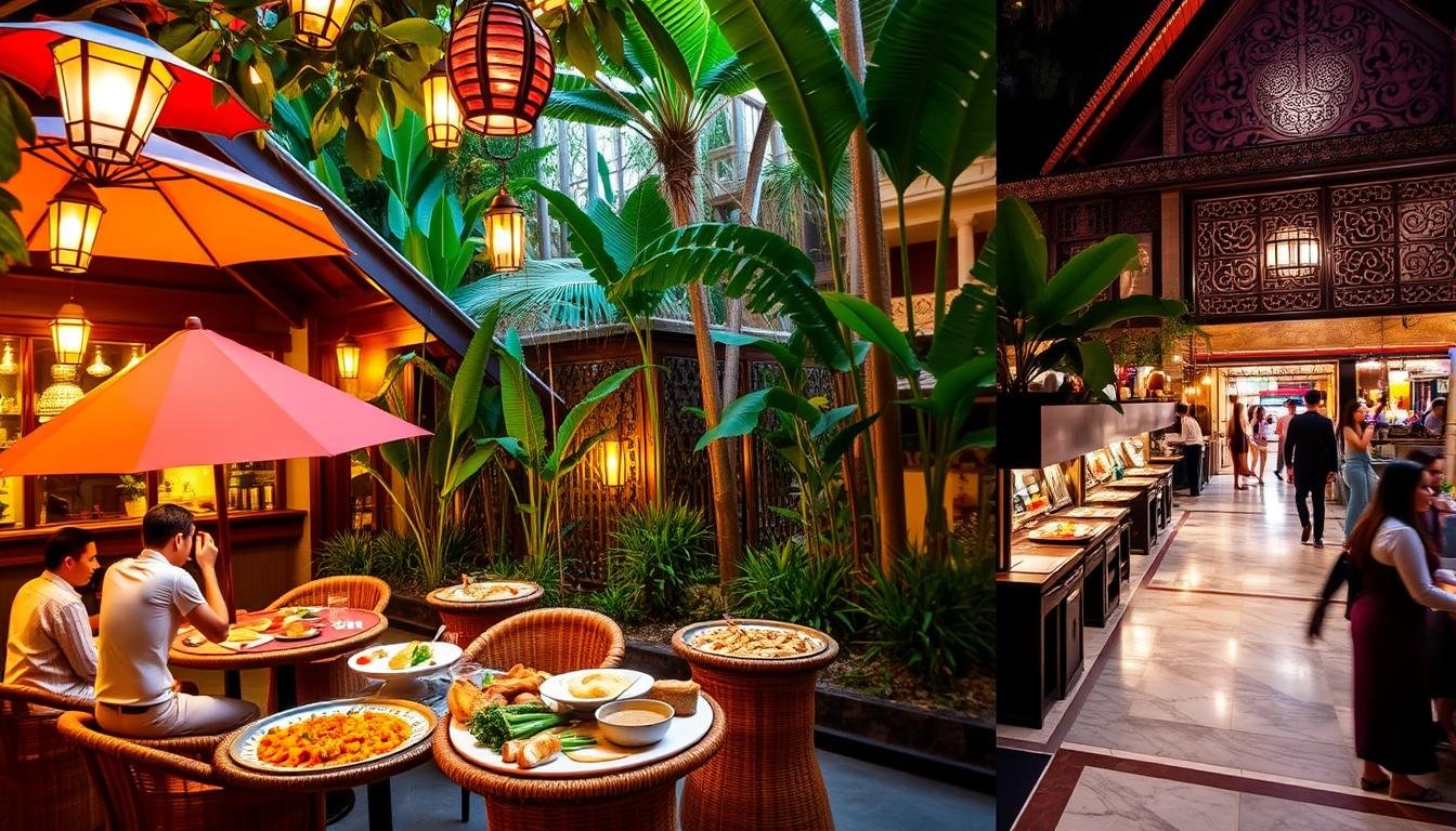 A cozy Thai restaurant nestled amidst lush tropical foliage, its open-air dining area illuminated by warm lanterns casting a soft glow. In the foreground, a spread of authentic Thai cuisine - fragrant curries, sizzling stir-fries, and delicate seafood dishes. Colorful umbrellas shade woven rattan tables, where well-dressed patrons savor their meals. In the middle ground, a serene hotel lobby adorned with intricate wood carvings and marble floors, inviting visitors to step into the comfort of their accommodation. The background features a bustling night market, its vibrant stalls offering a tempting array of local handicrafts and street food. Overall, a scene that captures the essence of Thai hospitality, culinary delights, and the allure of a memorable travel experience.