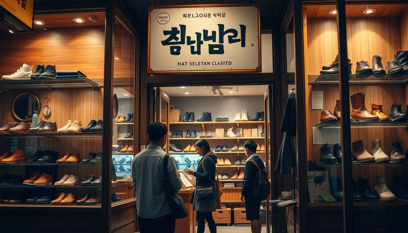 A cozy and inviting Busan specialty store, featuring an artfully curated selection of handcrafted shoes and accessories. The storefront is adorned with warm, wooden accents and a hanging sign that beckons passersby. Through the large windows, glimpses of neatly displayed shelves and displays can be seen, hinting at the thoughtfully chosen merchandise within. The lighting is soft and ambient, creating a welcoming atmosphere for shoppers to leisurely browse the unique, locally-sourced offerings. In the middle ground, a few customers can be seen examining the high-quality leather goods and distinctive footwear. The background is softly blurred, emphasizing the store's intimate, boutique-like setting in the vibrant streets of Busan.
