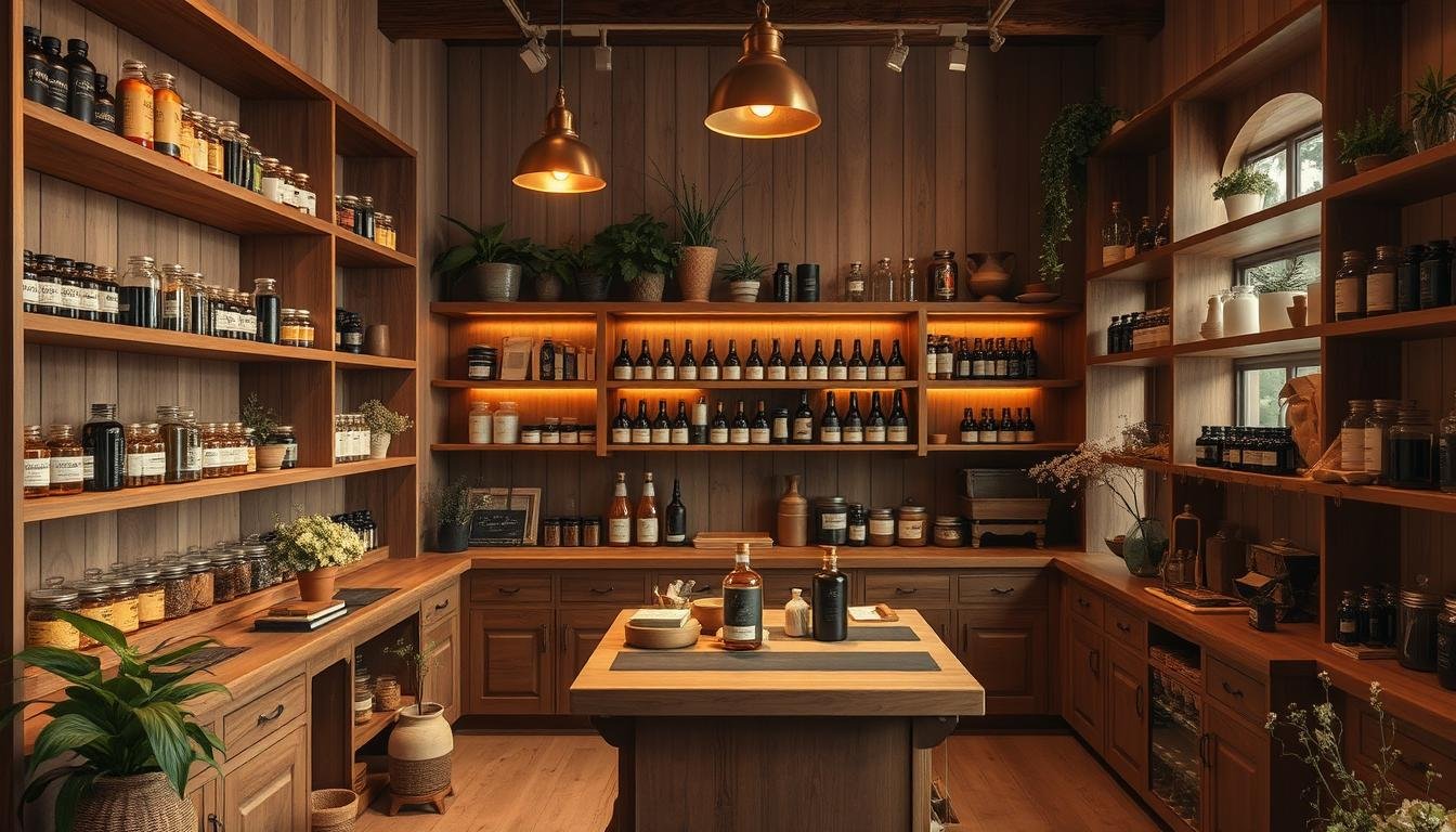 A cozy and inviting apothecary-inspired space, the "명동 면역공방" features a warm, natural color palette of earthy tones and rich textures. Handcrafted wooden shelves display a curated selection of herbal remedies and natural supplements, while a central workbench showcases the artisanal preparation process. Soft lighting from brass fixtures casts a gentle glow, creating an atmosphere of tranquility and wellness. The space is accentuated by lush potted plants, delicate floral arrangements, and antique glass jars that evoke a sense of tradition and authenticity. This holistic haven offers a sanctuary for those seeking personalized, high-quality products tailored to their unique skincare and health needs.