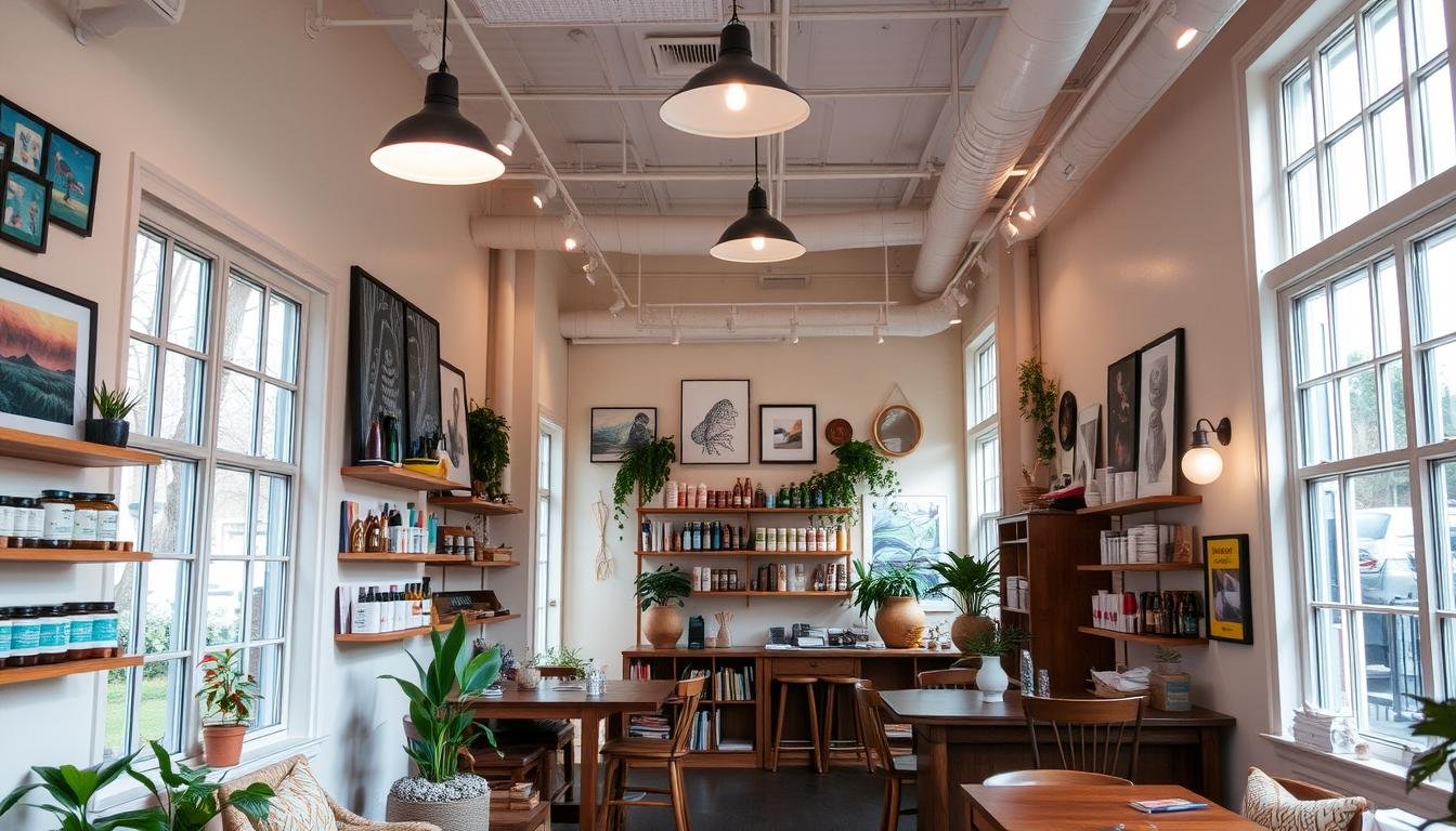 A cozy and inviting interior space, filled with natural light streaming through large windows. The walls are adorned with an eclectic mix of artwork and shelves displaying various products. The layout is thoughtfully designed, with a focus on creating a seamless flow of movement and an atmosphere of relaxation. The color palette features warm, earthy tones, complemented by pops of vibrant hues. The lighting is a harmonious blend of overhead fixtures and ambient illumination, casting a soft, welcoming glow. The overall impression is one of a carefully curated and inviting space, reflecting a unique service philosophy and attention to detail. A cozy and inviting interior space, filled with natural light streaming through large windows. The walls are adorned with an eclectic mix of artwork and shelves displaying various products. The layout is thoughtfully designed, with a focus on creating a seamless flow of movement and an atmosphere of relaxation. The color palette features warm, earthy tones, complemented by pops of vibrant hues. The lighting is a harmonious blend of overhead fixtures and ambient illumination, casting a soft, welcoming glow. The overall impression is one of a carefully curated and inviting space, reflecting a unique service philosophy and attention to detail.