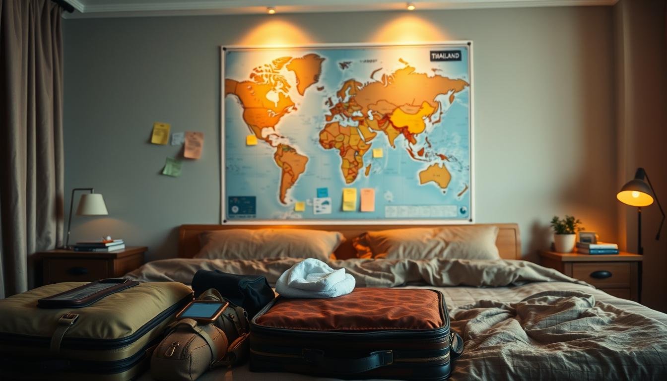 A cozy bedroom setting with neatly packed luggage and travel essentials laid out in the foreground. In the middle ground, a large world map hangs on the wall, surrounded by sticky notes and checklists pinned up, hinting at the planning and preparation for a Thailand trip. The background is softly lit, with warm ambient lighting casting a gentle glow, creating an atmosphere of anticipation and organization. The overall scene conveys a sense of careful planning and excitement for the upcoming Thailand adventure.