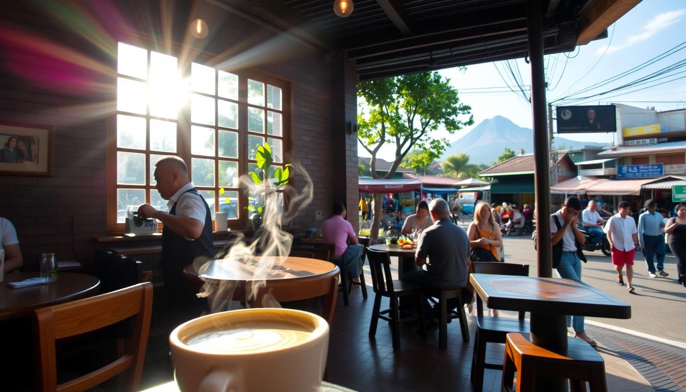A cozy cafe nestled in the heart of Chiang Mai, sunlight streaming through large windows, casting a warm glow on the wooden furniture and local art adorning the walls. In the foreground, a barista expertly crafts a latte, the aromatic steam rising, while patrons sip their drinks and savor local delicacies like Khao Soi, a signature Chiang Mai noodle dish. The middle ground reveals a vibrant street scene, vendors selling fresh produce and handcrafted goods, capturing the essence of Chiang Mai's rich cultural heritage. In the background, the iconic Doi Suthep mountain looms, a testament to the city's natural beauty. The overall atmosphere is one of relaxation, community, and a deep appreciation for the region's culinary and coffee traditions.