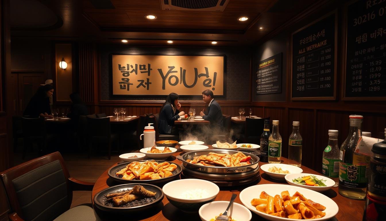 A cozy, dimly-lit Korean restaurant interior, with elegant wooden furniture and minimalist decor. In the foreground, a carefully curated table setting showcases various Korean BBQ dishes, including grilled meats, banchan, and soju bottles. The middle ground features a group of diners enjoying their meal, conversing animatedly. The background shows a chalkboard menu highlighting the restaurant's "all-you-can-eat" offerings, along with price points and dining time slots. The overall atmosphere conveys an authentic, high-quality Korean dining experience with an emphasis on strategic menu selection and timing. A cozy, dimly-lit Korean restaurant interior, with elegant wooden furniture and minimalist decor. In the foreground, a carefully curated table setting showcases various Korean BBQ dishes, including grilled meats, banchan, and soju bottles. The middle ground features a group of diners enjoying their meal, conversing animatedly. The background shows a chalkboard menu highlighting the restaurant's "all-you-can-eat" offerings, along with price points and dining time slots. The overall atmosphere conveys an authentic, high-quality Korean dining experience with an emphasis on strategic menu selection and timing.