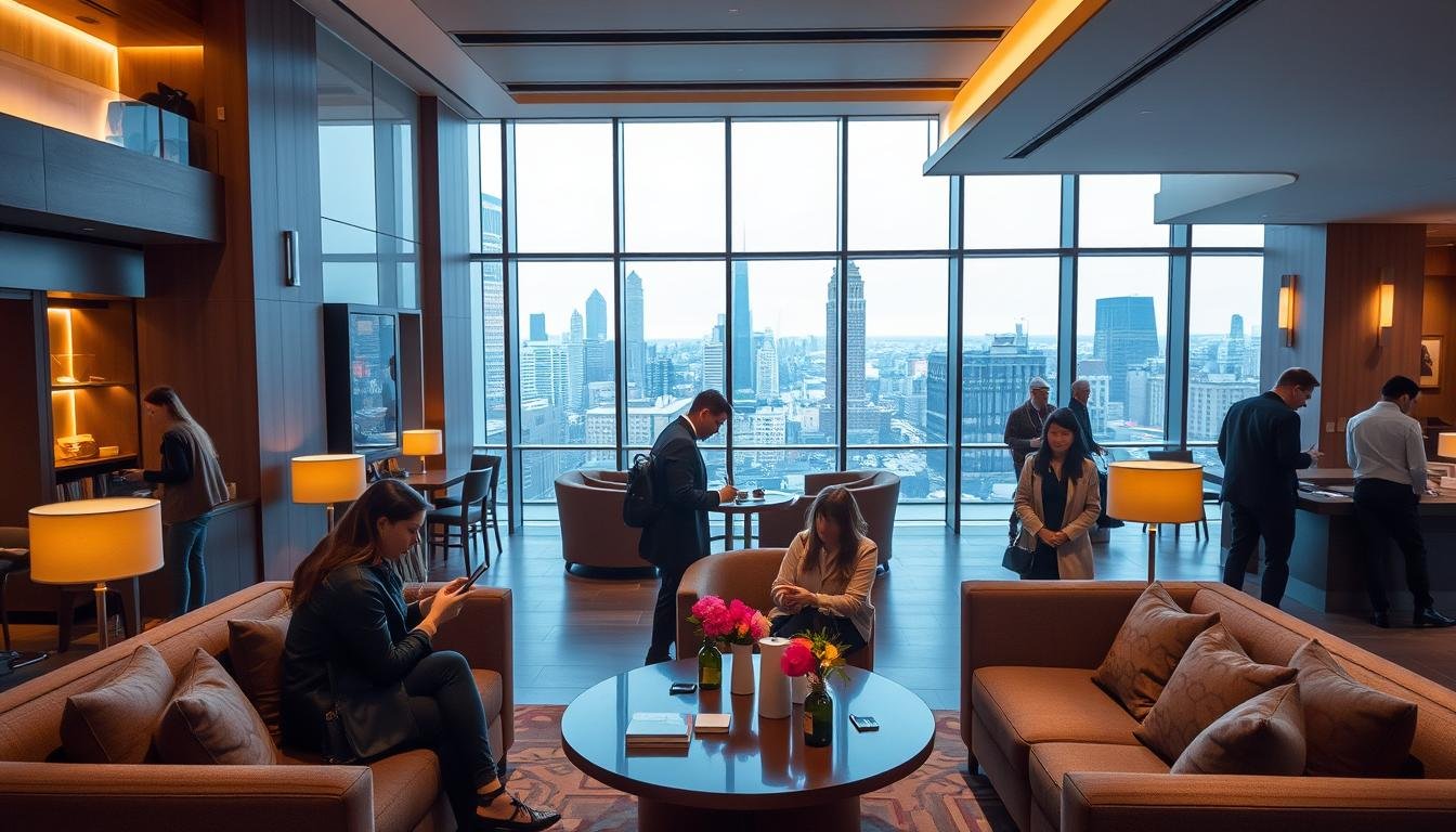 A cozy hotel lobby with plush seating and warm lighting, set against a backdrop of stylish modern architecture. In the foreground, guests gather around a central table, browsing through their phones and exchanging recommendations. The middle ground showcases the hotel's sleek, minimalist design with clean lines and subtle accents. In the background, floor-to-ceiling windows offer a glimpse of the bustling city outside, creating a sense of connection between the hotel and the local community. The overall atmosphere conveys a welcoming, social ambiance where travelers can easily connect and share their experiences. A cozy hotel lobby with plush seating and warm lighting, set against a backdrop of stylish modern architecture. In the foreground, guests gather around a central table, browsing through their phones and exchanging recommendations. The middle ground showcases the hotel's sleek, minimalist design with clean lines and subtle accents. In the background, floor-to-ceiling windows offer a glimpse of the bustling city outside, creating a sense of connection between the hotel and the local community. The overall atmosphere conveys a welcoming, social ambiance where travelers can easily connect and share their experiences.