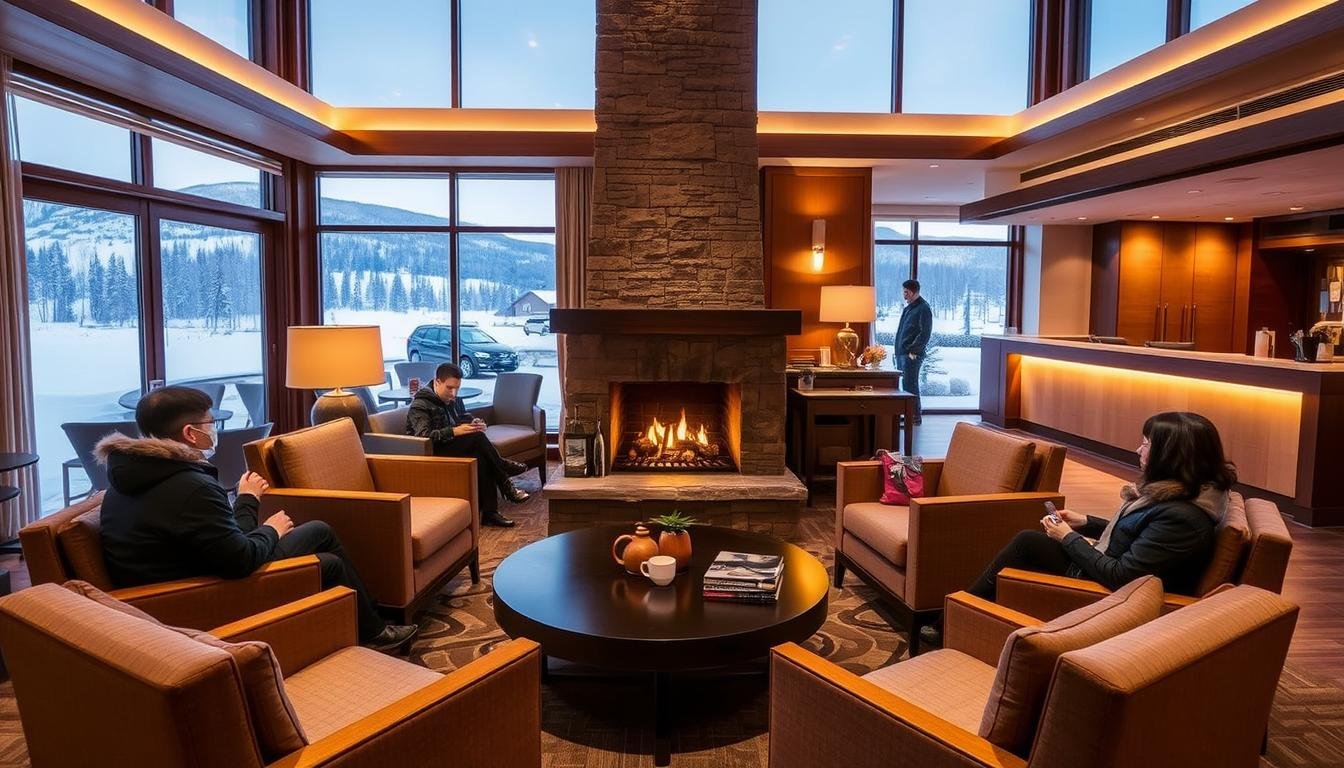 A cozy hotel lobby with warm, inviting lighting. Plush armchairs and sofas arranged around a central fireplace, creating a welcoming atmosphere. Large windows offer scenic views of a snowy landscape outside. The decor features natural materials like wood and stone, blending seamlessly with the winter wonderland setting. Travelers enjoy a cup of hot tea or coffee as they plan their day's activities. In the background, a concierge desk stands ready to assist with restaurant recommendations, transportation, and other local insights. This tranquil, yet modern space exemplifies the ideal accommodation for a Jeju Island winter getaway. A cozy hotel lobby with warm, inviting lighting. Plush armchairs and sofas arranged around a central fireplace, creating a welcoming atmosphere. Large windows offer scenic views of a snowy landscape outside. The decor features natural materials like wood and stone, blending seamlessly with the winter wonderland setting. Travelers enjoy a cup of hot tea or coffee as they plan their day's activities. In the background, a concierge desk stands ready to assist with restaurant recommendations, transportation, and other local insights. This tranquil, yet modern space exemplifies the ideal accommodation for a Jeju Island winter getaway.