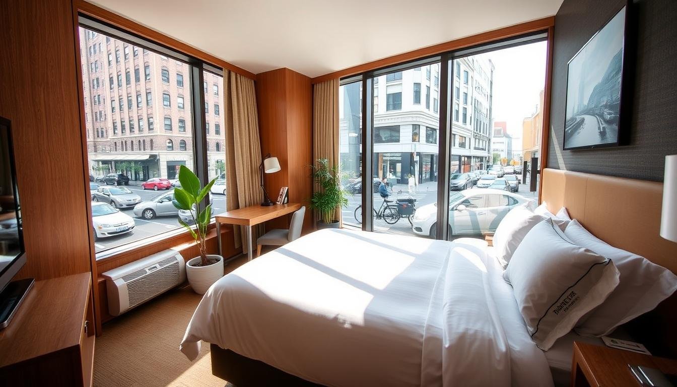 A cozy hotel room with a large window overlooking a bustling city street. The room is filled with natural light, warm wood tones, and tasteful modern decor. A plush bed with crisp white linens takes center stage, while a small desk and chair offer a workspace. In the corner, a potted plant adds a touch of greenery. The image conveys a sense of tranquility and convenience, perfect for a traveler looking to unwind after a day of exploring the city. A cozy hotel room with a large window overlooking a bustling city street. The room is filled with natural light, warm wood tones, and tasteful modern decor. A plush bed with crisp white linens takes center stage, while a small desk and chair offer a workspace. In the corner, a potted plant adds a touch of greenery. The image conveys a sense of tranquility and convenience, perfect for a traveler looking to unwind after a day of exploring the city.