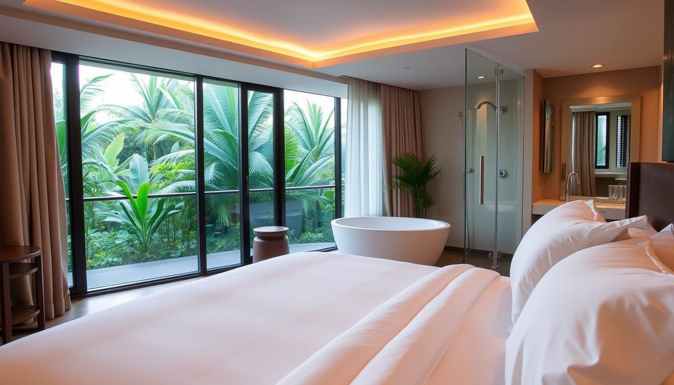A cozy hotel room with a warm, inviting ambiance. The foreground features a plush king-size bed with crisp white linens and fluffy pillows, inviting the viewer to sink in and relax. The middle ground showcases a private balcony overlooking a lush, tropical garden, creating a serene and peaceful atmosphere. The background depicts a modern, well-appointed bathroom with a large freestanding tub and a rain shower, adding to the luxurious feel of the space. The lighting is soft and diffused, creating a calming, spa-like experience. The overall composition conveys a sense of tranquility and comfort, perfectly capturing the essence of a premium hotel stay.