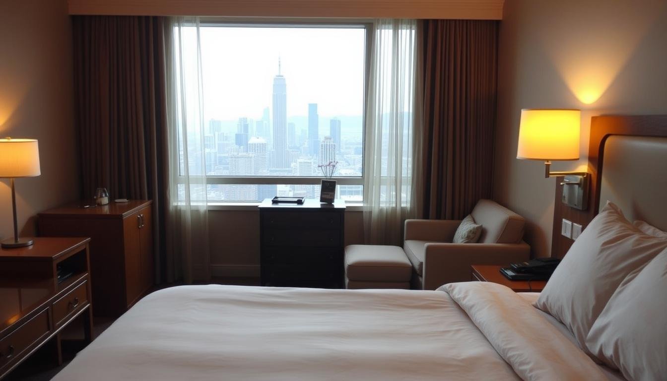 A cozy hotel room with a warm, inviting atmosphere. In the foreground, a neatly made bed with plush pillows and a soft, patterned comforter. A wooden nightstand on each side, one with a lamp casting a gentle glow. In the middle ground, a large window overlooking a bustling city skyline, the cityscape visible through sheer curtains. In the background, a modest yet stylish dresser and a small seating area, suggesting a well-appointed, comfortable space. The lighting is soft and ambient, creating a relaxing, serene mood. The overall scene conveys a sense of thoughtful consideration for the traveler's needs and budget.