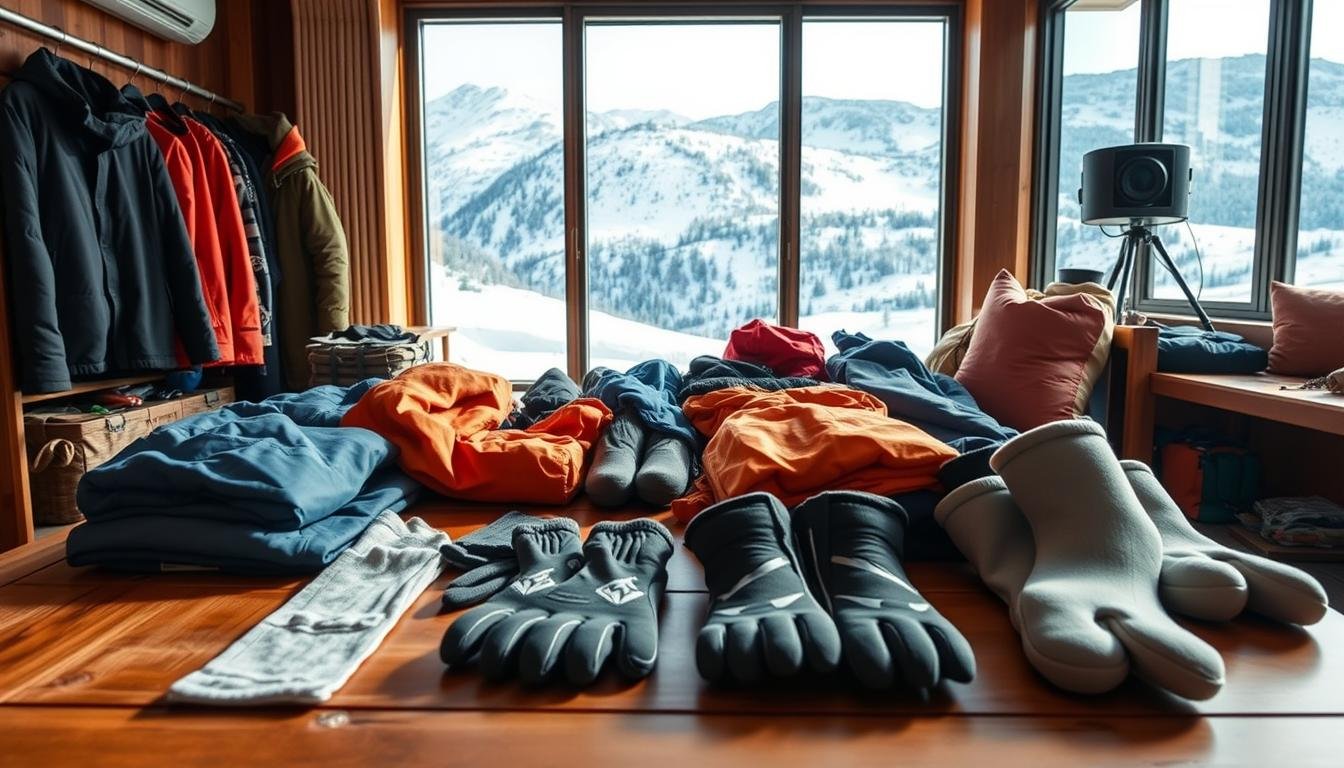 A cozy indoor scene of a Korean-style ski preparation guide. In the foreground, a wooden table showcases an array of neatly organized ski gear - thermal layers, waterproof jackets, thick gloves, and warm socks. In the middle ground, a floor-to-ceiling window reveals a snowy mountain landscape, hinting at the winter adventure to come. The lighting is soft and diffused, creating a welcoming atmosphere. The color palette features earthy tones accented by pops of vibrant ski equipment. An air of anticipation and preparation permeates the scene, inviting the viewer to imagine themselves getting ready for an immersive Korean ski experience.