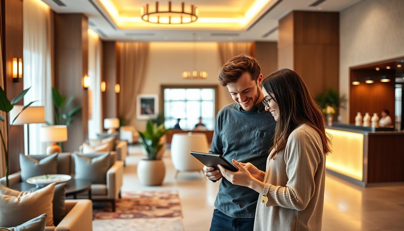 A cozy, inviting hotel lobby with warm lighting and a modern, minimalist aesthetic. In the foreground, a young couple examines a tablet, browsing through images and information about potential accommodations. The middle ground features plush seating areas and potted plants, creating a relaxing ambiance. In the background, a reception desk with a friendly concierge provides assistance. The overall scene conveys a sense of effortless, high-quality hospitality that caters to discerning travelers seeking the best value for their money.