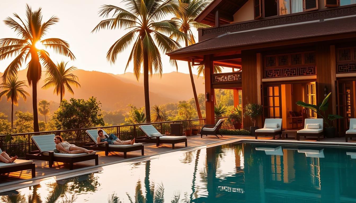 A cozy, vibrant scene of a charming hotel nestled in the lush, verdant foothills of Chiang Mai. The elegant, traditional Thai-style architecture stands in harmonious contrast to the surrounding natural beauty, with towering palm trees and rolling hills in the distance. Warm, golden light filters through the ornate, carved wooden shutters, casting a tranquil, inviting glow. In the foreground, a serene pool reflects the serene, idyllic atmosphere, with guests lounging on plush poolside furnishings. An air of relaxation and tranquility pervades the scene, capturing the essence of a rejuvenating stay in this picturesque Chiang Mai retreat. A cozy, vibrant scene of a charming hotel nestled in the lush, verdant foothills of Chiang Mai. The elegant, traditional Thai-style architecture stands in harmonious contrast to the surrounding natural beauty, with towering palm trees and rolling hills in the distance. Warm, golden light filters through the ornate, carved wooden shutters, casting a tranquil, inviting glow. In the foreground, a serene pool reflects the serene, idyllic atmosphere, with guests lounging on plush poolside furnishings. An air of relaxation and tranquility pervades the scene, capturing the essence of a rejuvenating stay in this picturesque Chiang Mai retreat.