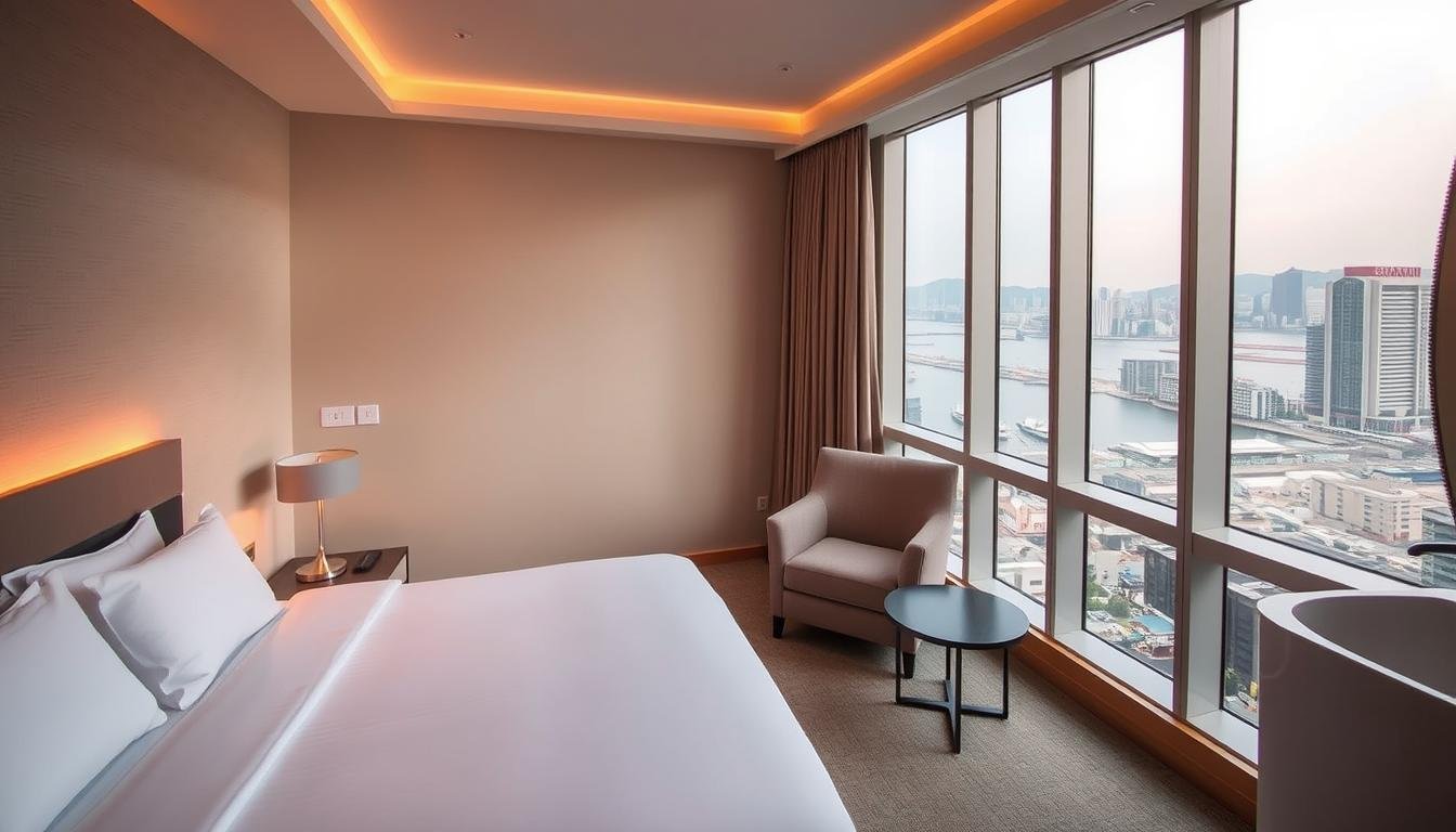 A cozy, well-appointed hotel room in Busan, South Korea, with a panoramic view of the city's bustling harbor. Soft ambient lighting casts a warm glow, inviting travelers to unwind after a day of sightseeing. The room features a large, comfortable bed, minimalist Scandinavian-inspired furniture, and floor-to-ceiling windows that flood the space with natural light. In the corner, a plush armchair and a sleek side table create a reading nook, perfect for planning the next day's adventures. The en-suite bathroom is modern and spacious, with clean lines and high-end fixtures. Overall, the room exudes a sense of relaxation and elegance, reflecting the refined charm of Busan's hospitality.