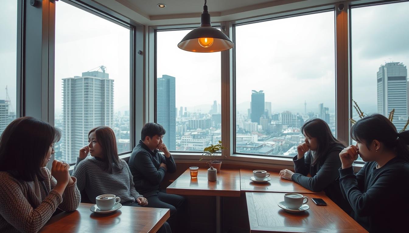 A cozy, well-lit café in the heart of Seoul's Myeongdong district. Patrons sip coffee and tea, their faces framed by large windows that offer sweeping city vistas. A prime corner table, with ample natural light and an unobstructed view, provides the perfect spot for capturing the ideal photograph. Overhead, a minimalist industrial-style lighting fixture casts a warm glow, accentuating the café's chic, modern aesthetic. Carefully curated décor, including potted plants and sleek wooden accents, create a refined ambiance ideal for stunning food, drink, and lifestyle shots. The angle and composition draw the viewer's eye, highlighting the café's most photogenic elements and offering a template for capturing the essence of Seoul's vibrant café culture.
