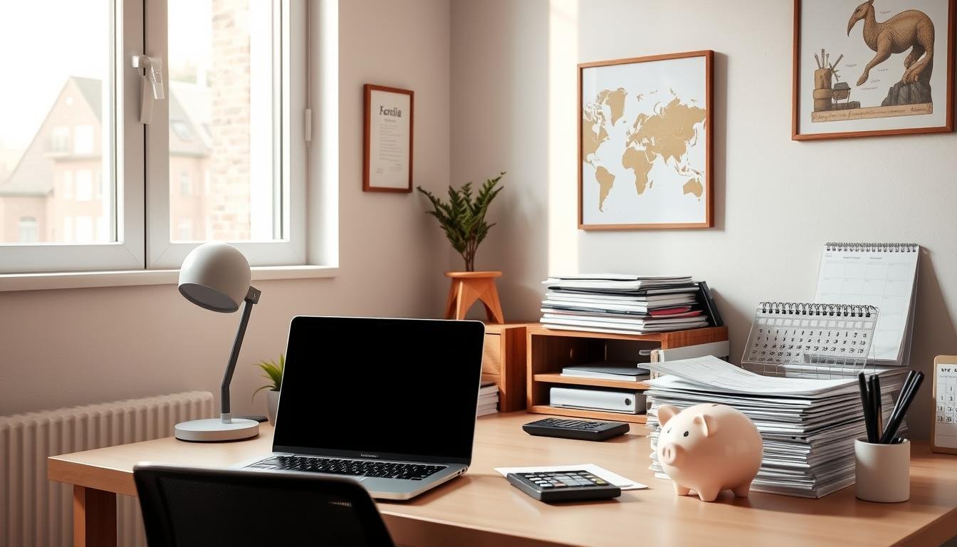 A cozy, well-organized home office space with a neatly arranged desk, a laptop, a calculator, and a piggy bank. Soft natural lighting filters in through a nearby window, casting a warm glow on the scene. The walls are adorned with simple, minimalist decor that reflects the theme of smart budgeting and financial planning. On the desk, there are stacks of meticulously organized documents, a calendar, and a pen holder. The overall atmosphere conveys a sense of efficiency, organization, and a thoughtful approach to personal finance and travel planning. A cozy, well-organized home office space with a neatly arranged desk, a laptop, a calculator, and a piggy bank. Soft natural lighting filters in through a nearby window, casting a warm glow on the scene. The walls are adorned with simple, minimalist decor that reflects the theme of smart budgeting and financial planning. On the desk, there are stacks of meticulously organized documents, a calendar, and a pen holder. The overall atmosphere conveys a sense of efficiency, organization, and a thoughtful approach to personal finance and travel planning.