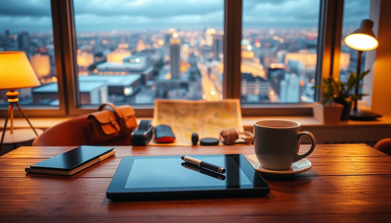 A cozy workspace showcasing a personalized travel planning service. In the foreground, a tablet and pen rest on a wooden desk, with a cup of coffee nearby. In the middle ground, a city map and travel accessories are neatly arranged, indicating the customization process. The background features a large window overlooking a vibrant cityscape, suggesting the potential destinations. Warm lighting creates a welcoming ambiance, and the overall composition conveys a sense of expertise and attention to detail in crafting a unique travel experience. A cozy workspace showcasing a personalized travel planning service. In the foreground, a tablet and pen rest on a wooden desk, with a cup of coffee nearby. In the middle ground, a city map and travel accessories are neatly arranged, indicating the customization process. The background features a large window overlooking a vibrant cityscape, suggesting the potential destinations. Warm lighting creates a welcoming ambiance, and the overall composition conveys a sense of expertise and attention to detail in crafting a unique travel experience.