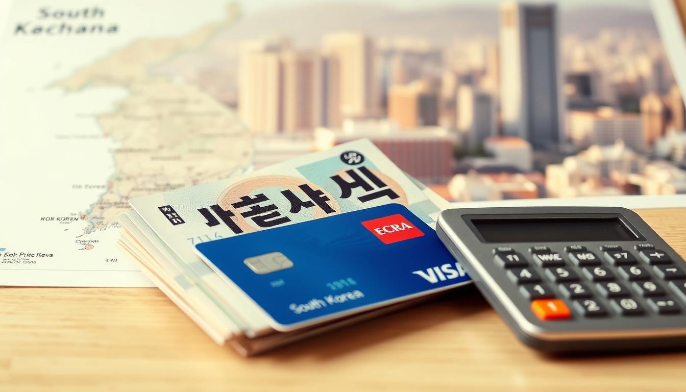 A crisp, well-lit photograph showcasing the key strategies for saving money while exchanging currency and using credit cards while traveling to South Korea. In the foreground, a stack of Korean won bills, a credit card, and a calculator are arranged neatly, representing the core elements of currency exchange and financial management. The middle ground features a map of South Korea, highlighting popular tourist destinations, conveying the context of travel planning. The background is a blurred, warm-toned cityscape, evoking the vibrant urban setting of the destination. The overall mood is one of financial savvy and travel preparedness, inviting the viewer to consider the practical tips for a cost-effective Korean adventure. A crisp, well-lit photograph showcasing the key strategies for saving money while exchanging currency and using credit cards while traveling to South Korea. In the foreground, a stack of Korean won bills, a credit card, and a calculator are arranged neatly, representing the core elements of currency exchange and financial management. The middle ground features a map of South Korea, highlighting popular tourist destinations, conveying the context of travel planning. The background is a blurred, warm-toned cityscape, evoking the vibrant urban setting of the destination. The overall mood is one of financial savvy and travel preparedness, inviting the viewer to consider the practical tips for a cost-effective Korean adventure.