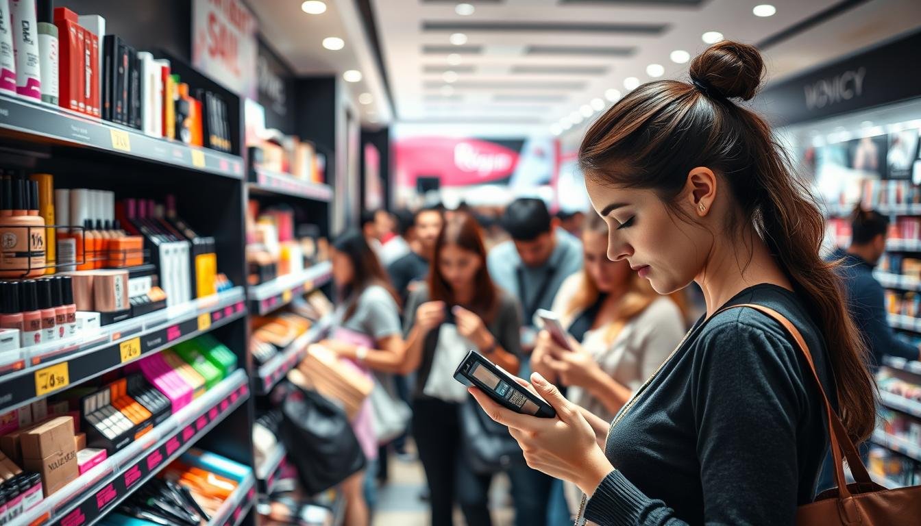 A crowded beauty counter in a modern shopping mall, with shelves stocked with colorful makeup products. In the foreground, a savvy shopper examines the labels closely, scrutinizing the discounts and offers. Bright directional lighting casts dramatic shadows, creating a sense of scrutiny and discernment. The middle ground is filled with other shoppers, some distracted by flashy displays, while a few astute consumers carefully compare prices. The background blurs into the bustling mall environment, hinting at the cacophony of marketing tactics. The overall atmosphere conveys the shopper's need to cut through the noise and identify genuine savings amidst the clutter of beauty deals.