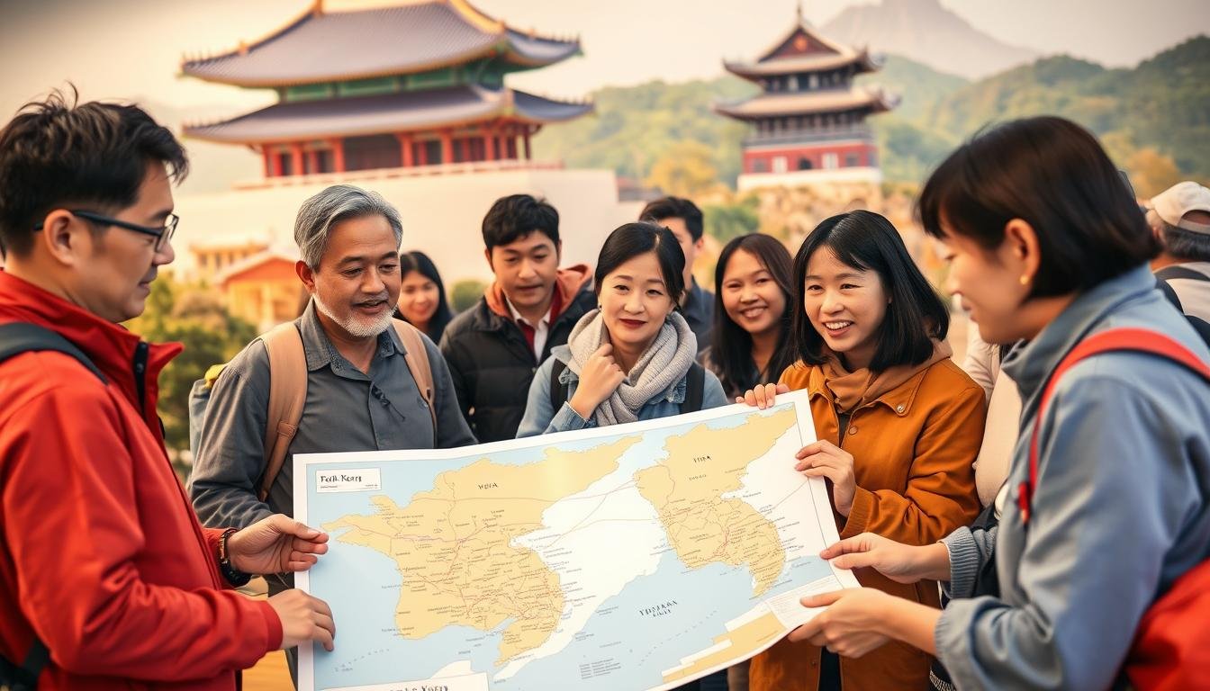 A custom group travel itinerary for a deeply immersive tour of South Korea, departing from Taiwan. In the foreground, a team of seasoned tour guides enthusiastically discussing a meticulously curated itinerary, using a large interactive map to plan out the journey. In the middle ground, a diverse group of travelers, their expressions eager and excited, listening intently. The background features iconic Korean landmarks, such as the colorful Gyeongbokgung Palace and the majestic Seoraksan National Park, hinting at the breathtaking destinations awaiting this personalized tour. The lighting is warm and inviting, capturing the sense of adventure and discovery. The overall mood is one of anticipation and collaborative exploration, reflecting the promise of a truly customized travel experience.