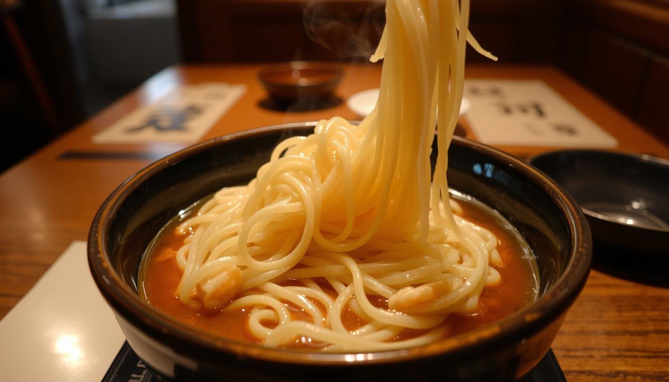 A delicious bowl of freshly prepared Korean noodles, the "麵" dish, takes center stage in a cozy, dimly lit restaurant. The noodles, hand-crafted with care, glisten under the warm, soft lighting, their texture and elasticity inviting the diner to indulge. Surrounding the noodles, a savory broth simmers, its rich aroma permeating the air, hinting at the complex flavors to come. In the background, a traditional Korean table setting, with its simple, elegant lines, sets the stage for this authentic culinary experience. The scene evokes a sense of comfort and tradition, drawing the viewer in to savor the essence of Korean cuisine.