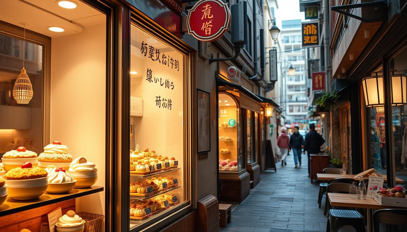 A delightful assortment of sweet treats nestled along a cozy alleyway in the heart of Seoul's Myeongdong district. Warm lighting casts a soft glow, illuminating the mouthwatering displays of decadent pastries, from fluffy soufflé pancakes to delicate matcha-infused mochi. Intriguing textures and tantalizing flavors beckon to the senses, inviting passersby to indulge in a moment of pure confectionary bliss. Charming storefronts and quaint cafe terraces line the intimate street, creating an atmosphere of whimsical serenity amidst the bustling city. A serene oasis for the discerning sweet tooth, this enchanting dessert-centric haven offers a delightful respite from the urban hustle.