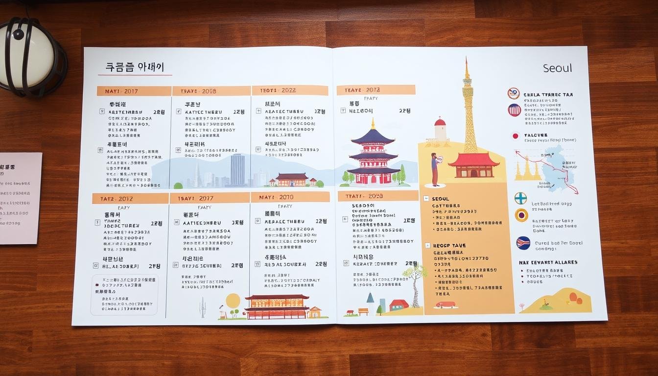 A detailed 5-day travel itinerary for a trip to South Korea, featuring a neatly organized schedule with daily activities, landmarks, and transportation details. The image has a clean, minimalist design with elegant typography, crisp illustrations, and a warm, inviting color palette that reflects the vibrant culture of Seoul. The overall composition conveys a sense of efficiency, planning, and excitement for the upcoming journey, capturing the essence of the "韓國 五 日 遊行程範本" section.