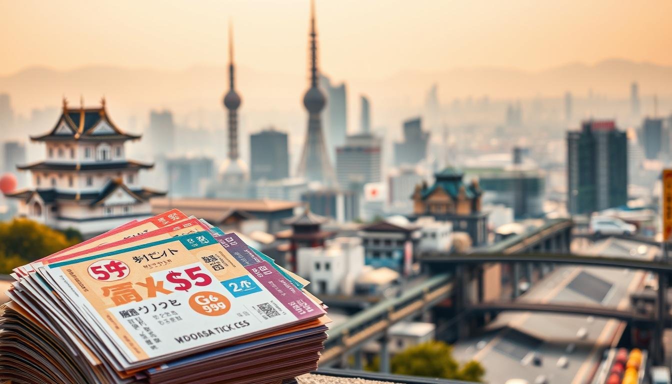 A detailed analysis of admission tickets and costs for popular tourist attractions in Osaka, Japan. The foreground depicts a stack of colorful tickets and passes, highlighting the variety of experiences available. The middle ground showcases iconic landmarks such as Osaka Castle and the Umeda Sky Building, set against a hazy, atmospheric skyline. The background features a softly blurred cityscape, with the Yodoyabashi Bridge and the Dotonbori district visible in the distance. The lighting is warm and golden, evoking the vibrant energy of this dynamic metropolitan area. The overall composition conveys the essential information needed to plan and budget for a comprehensive Osaka sightseeing itinerary.
