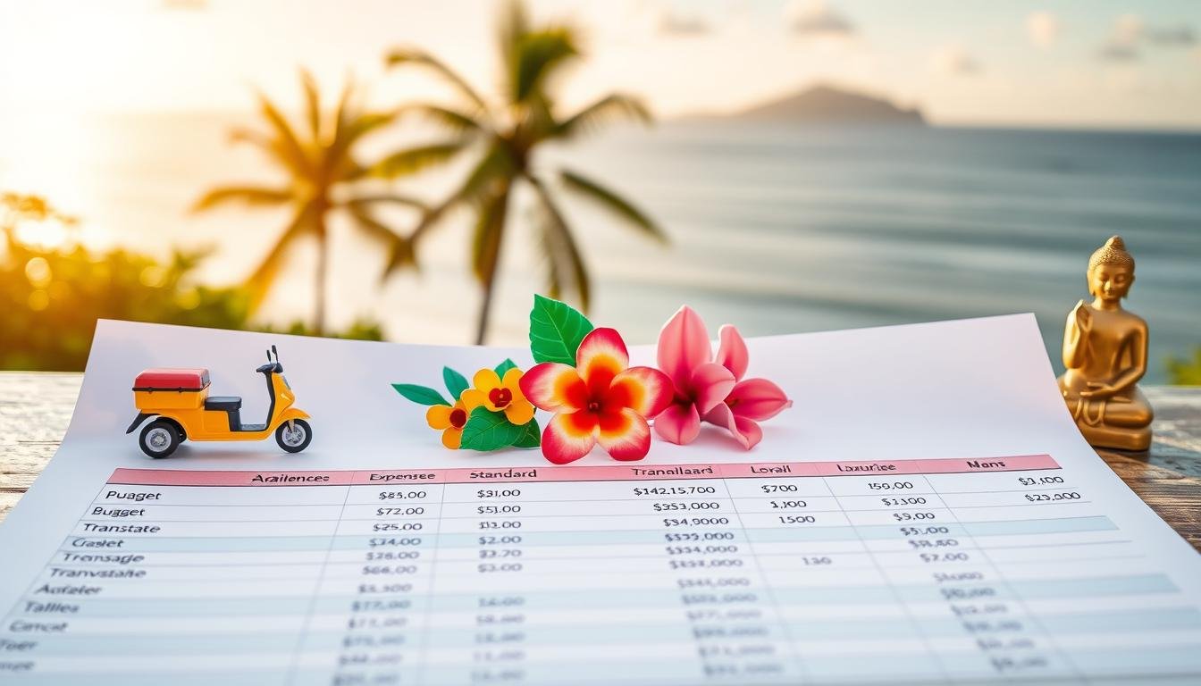 A detailed budget plan for a Thai vacation, showcasing three distinct travel experiences - budget, standard, and luxurious. In the foreground, a well-organized spreadsheet displays itemized expenses for accommodation, transportation, meals, and activities. The middle ground features vibrant Thai-inspired icons, including a tuk-tuk, a tropical flower, and a buddha statue, suggesting the cultural richness of the destination. The background depicts a serene, sun-drenched Thai landscape, with palm trees swaying and a tranquil ocean horizon. The overall mood is one of careful planning, yet with a sense of excitement and anticipation for the journey ahead. A detailed budget plan for a Thai vacation, showcasing three distinct travel experiences - budget, standard, and luxurious. In the foreground, a well-organized spreadsheet displays itemized expenses for accommodation, transportation, meals, and activities. The middle ground features vibrant Thai-inspired icons, including a tuk-tuk, a tropical flower, and a buddha statue, suggesting the cultural richness of the destination. The background depicts a serene, sun-drenched Thai landscape, with palm trees swaying and a tranquil ocean horizon. The overall mood is one of careful planning, yet with a sense of excitement and anticipation for the journey ahead.