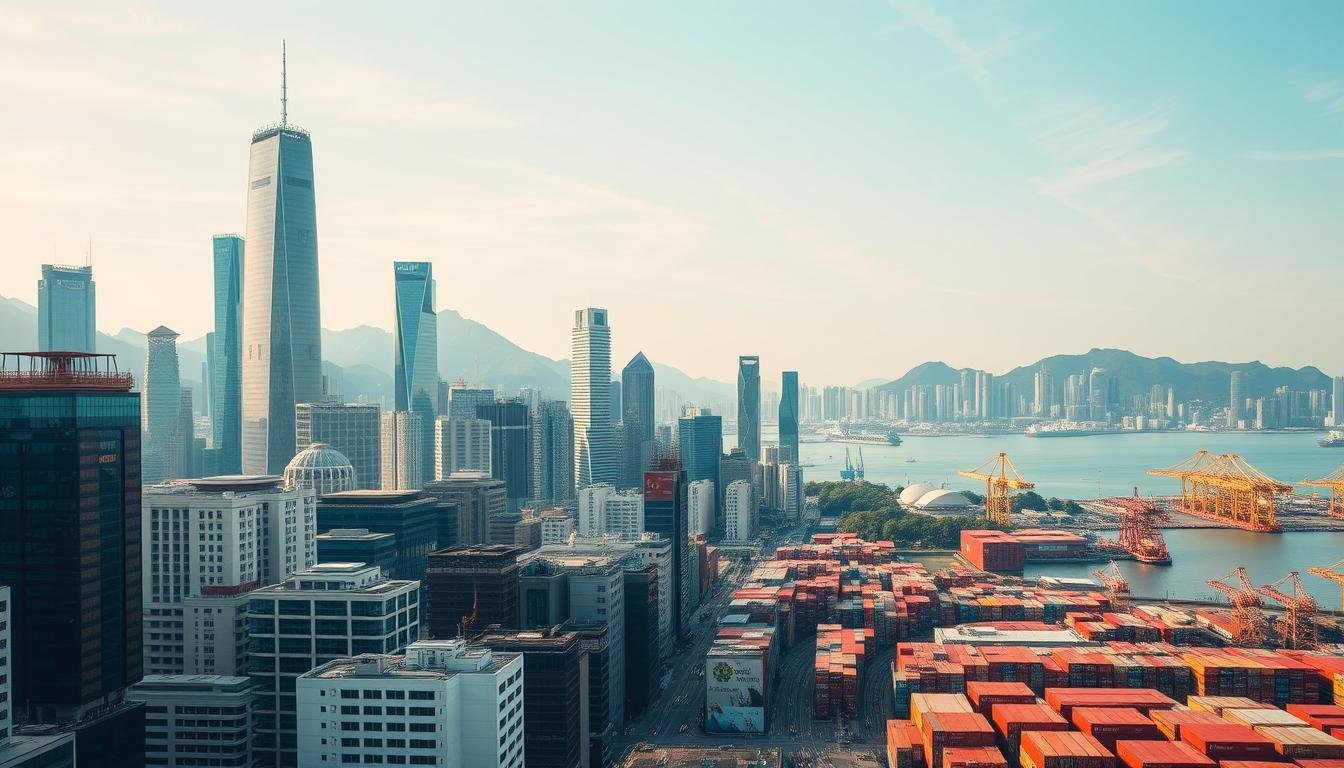 A detailed cityscape of Hong Kong's skyline, showcasing its major industries and economic drivers. In the foreground, modern skyscrapers and commercial hubs representing the city's thriving finance, trade, and services sectors. In the middle ground, bustling transportation networks, including the iconic double-decker trams and busy container ports, highlighting Hong Kong's role as a global logistics hub. In the background, lush green mountains and the iconic Victoria Harbour, conveying the natural beauty that complements the urban landscape. The scene is bathed in warm, golden light, creating a sense of prosperity and opportunity. Captured with a wide-angle lens to emphasize the scale and dynamism of Hong Kong's economic landscape. A detailed cityscape of Hong Kong's skyline, showcasing its major industries and economic drivers. In the foreground, modern skyscrapers and commercial hubs representing the city's thriving finance, trade, and services sectors. In the middle ground, bustling transportation networks, including the iconic double-decker trams and busy container ports, highlighting Hong Kong's role as a global logistics hub. In the background, lush green mountains and the iconic Victoria Harbour, conveying the natural beauty that complements the urban landscape. The scene is bathed in warm, golden light, creating a sense of prosperity and opportunity. Captured with a wide-angle lens to emphasize the scale and dynamism of Hong Kong's economic landscape.
