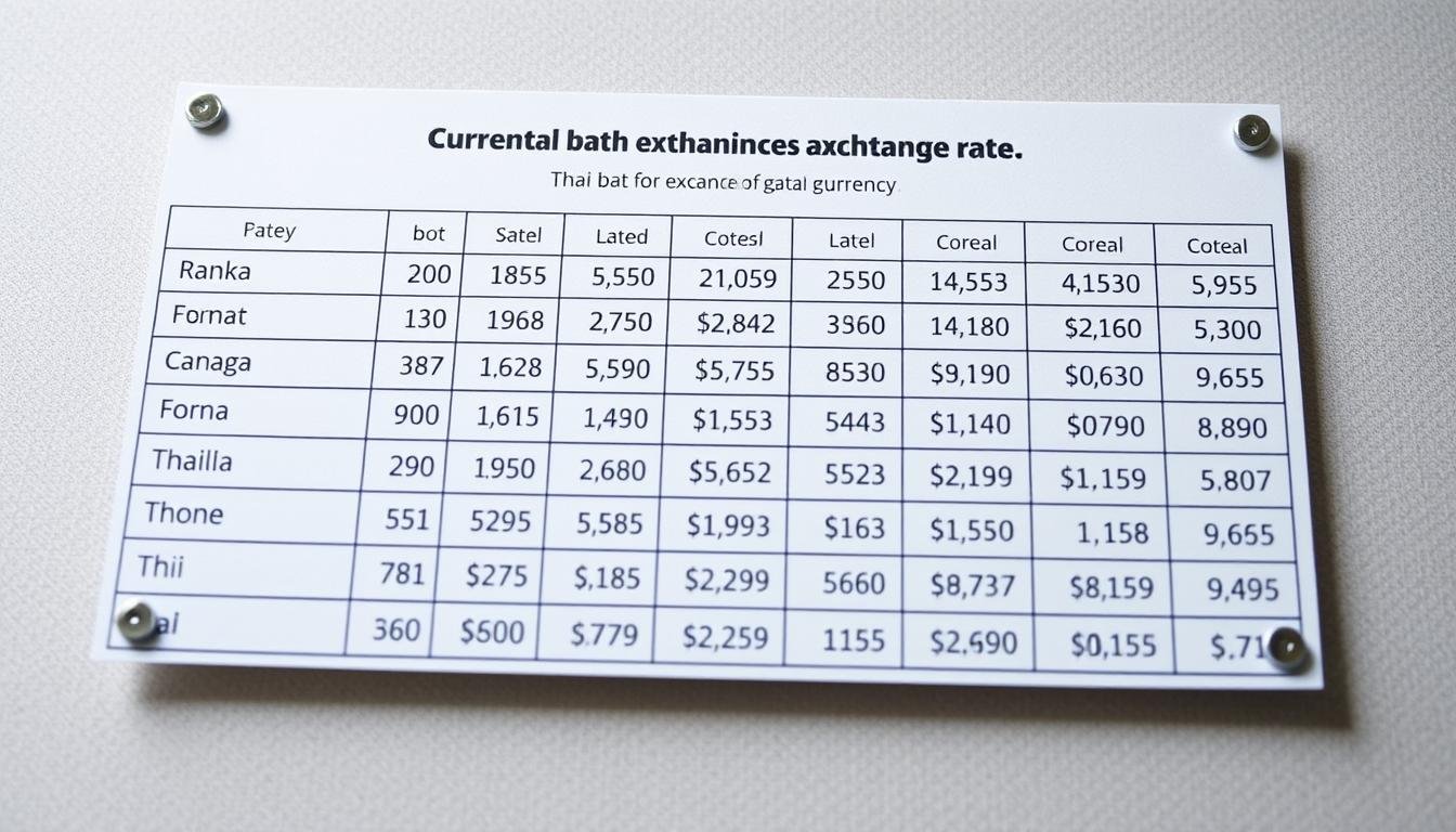 A detailed comparative chart showcasing the current Thai baht exchange rates against various currencies, presented in a clear and organized manner. The chart features a clean, modern design with crisp typography, precise numerical data, and clear visual indicators to highlight the fluctuations in exchange rates. The chart is set against a subtly textured background, creating a professional and informative aesthetic that complements the informative nature of the image. Subtle lighting and camera angle emphasize the clarity and legibility of the data, ensuring the image is both visually appealing and functionally useful for the article's audience.