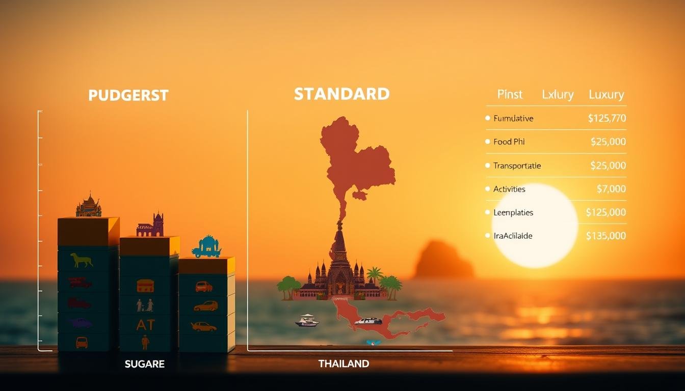A detailed comparison chart showcasing three distinct travel budgets for a Thailand vacation - budget, standard, and luxury. The foreground features stacked bar graphs with colorful icons representing key expense categories like accommodation, food, transportation, and activities. The middle ground depicts a stylized map of Thailand, with iconic landmarks like the Grand Palace and Phi Phi Islands. The background is a warm, hazy sunset over the Andaman Sea, creating a serene, tropical atmosphere. Lighting is soft and diffuse, with a slight lens flare effect. The overall composition conveys a sense of careful planning and financial awareness for an immersive Thai travel experience.