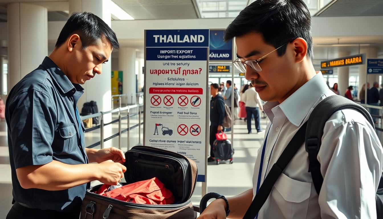 A detailed, expertly-crafted image of Thailand's customs regulations and luggage requirements upon entry. The foreground features a Thai customs officer inspecting a traveler's suitcase, examining the contents with a serious expression. In the middle ground, there is a large signage displaying Thailand's import/export restrictions in both Thai and English text. The background depicts the entrance of an international airport terminal, with travelers passing through security checkpoints. The lighting is bright and natural, casting long shadows and highlighting the formal, official atmosphere. The scene conveys the importance of understanding and complying with Thailand's customs policies when entering the country. A detailed, expertly-crafted image of Thailand's customs regulations and luggage requirements upon entry. The foreground features a Thai customs officer inspecting a traveler's suitcase, examining the contents with a serious expression. In the middle ground, there is a large signage displaying Thailand's import/export restrictions in both Thai and English text. The background depicts the entrance of an international airport terminal, with travelers passing through security checkpoints. The lighting is bright and natural, casting long shadows and highlighting the formal, official atmosphere. The scene conveys the importance of understanding and complying with Thailand's customs policies when entering the country.