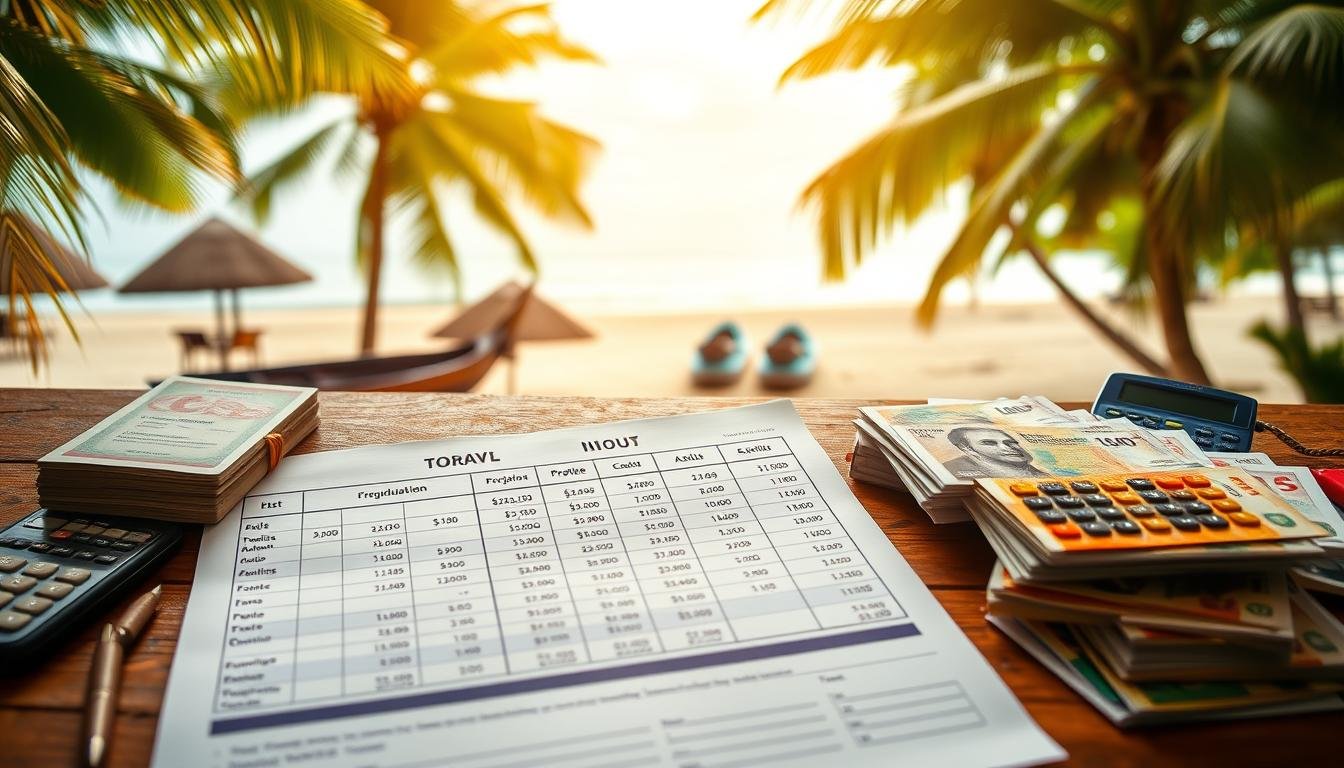 A detailed five-day Thailand travel budget plan, showcasing a variety of expenses and financial considerations. In the foreground, a neatly organized spreadsheet lays out projected costs for accommodation, transportation, meals, activities, and miscellaneous items. The middle ground features stacks of Thai baht bills, a calculator, and other financial tools, conveying a sense of careful planning and budgeting. The background depicts a serene tropical landscape, with swaying palm trees and a tranquil beach scene, hinting at the adventure and relaxation that the trip promises. The lighting is warm and inviting, creating an atmosphere of thoughtful financial preparation for a memorable Thai getaway. A detailed five-day Thailand travel budget plan, showcasing a variety of expenses and financial considerations. In the foreground, a neatly organized spreadsheet lays out projected costs for accommodation, transportation, meals, activities, and miscellaneous items. The middle ground features stacks of Thai baht bills, a calculator, and other financial tools, conveying a sense of careful planning and budgeting. The background depicts a serene tropical landscape, with swaying palm trees and a tranquil beach scene, hinting at the adventure and relaxation that the trip promises. The lighting is warm and inviting, creating an atmosphere of thoughtful financial preparation for a memorable Thai getaway.