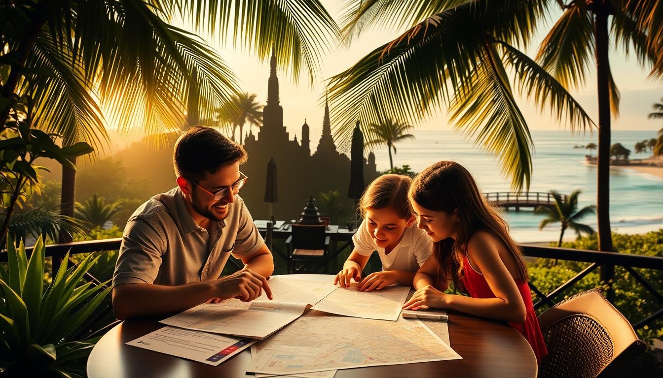 A detailed five-day itinerary design against a backdrop of lush tropical foliage and serene waterways. In the foreground, a family of four is gathered around a table, poring over maps and schedules, their faces alight with anticipation. Soft, warm lighting casts a golden glow, evoking the inviting atmosphere of a family-friendly getaway. In the middle ground, silhouettes of iconic Thai landmarks, such as ornate temples and bustling markets, hint at the cultural experiences to come. The background features a panoramic view of tranquil beaches and gently swaying palms, setting the stage for a relaxing, yet adventure-filled, family vacation.