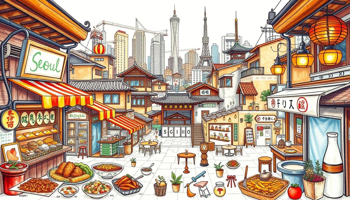 A detailed, hand-drawn map of Seoul, South Korea's bustling capital city, showcasing its must-visit culinary destinations. The map features a vibrant, colorful illustration of a variety of iconic street food stalls, traditional Korean restaurants, and modern, Instagram-worthy cafes. The foreground showcases delectable dishes and local specialties, while the middle ground depicts the lively atmosphere of Seoul's bustling markets and alleyways. The background setting includes recognizable landmarks, such as traditional hanok houses and modern skyscrapers, capturing the city's rich cultural heritage and dynamic urban landscape. The lighting is warm and inviting, creating a cozy, appetizing atmosphere that entices the viewer to explore Seoul's thriving food scene.