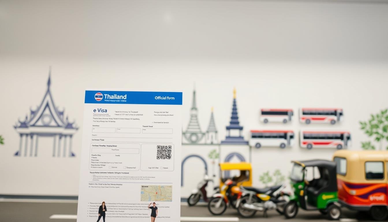 A detailed, high-quality image of the Thailand e-Visa and transportation guide. The foreground features the official Thailand e-Visa form, displayed prominently against a clean, minimalist background. The middle ground showcases various transportation modes typical of Thailand, such as tuk-tuks, motorbikes, and public buses, arranged in an organized layout. The background depicts subtle Thai cultural elements, like traditional architectural details or lush tropical foliage, to establish the appropriate context. The lighting is soft and evenly distributed, creating a professional, informative tone. The camera angle is slightly elevated to provide an comprehensive overview of the scene. The overall mood is one of practical utility, guiding the viewer through the essential information for a smooth entry and transit experience in Thailand. A detailed, high-quality image of the Thailand e-Visa and transportation guide. The foreground features the official Thailand e-Visa form, displayed prominently against a clean, minimalist background. The middle ground showcases various transportation modes typical of Thailand, such as tuk-tuks, motorbikes, and public buses, arranged in an organized layout. The background depicts subtle Thai cultural elements, like traditional architectural details or lush tropical foliage, to establish the appropriate context. The lighting is soft and evenly distributed, creating a professional, informative tone. The camera angle is slightly elevated to provide an comprehensive overview of the scene. The overall mood is one of practical utility, guiding the viewer through the essential information for a smooth entry and transit experience in Thailand.