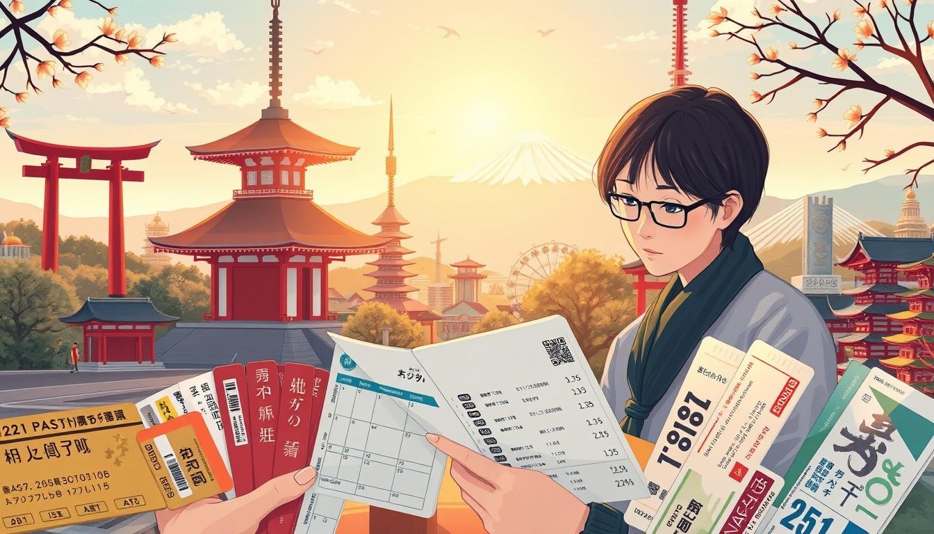 A detailed illustration of a Japanese travel budget planning, depicting a middle-ground setting with a foreground showcasing various Japanese attraction tickets and passes, such as entrance tickets to shrines, temples, museums, and amusement parks. The middle ground features a person carefully reviewing the costs and planning the itinerary, with a background showcasing iconic Japanese landmarks and scenery, bathed in warm, natural lighting to convey a serene, contemplative mood. The composition should balance informative elements with a visually appealing aesthetic, capturing the essence of planning a well-rounded Japanese travel experience.