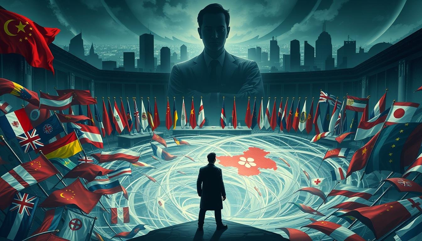 A detailed illustration of the complex geopolitical landscape and its impact on dual citizenship policies. In the foreground, a figure representing a Hong Kong citizen stands amidst a swirling vortex of national flags, symbolizing the tangled web of international politics. The middle ground features negotiating tables and silhouettes of diplomats, conveying the delicate balance of national interests. The background depicts a panoramic view of major world powers, their shadows looming large over the scene, casting a sense of uncertainty and the far-reaching consequences of these policies. Lighting is dramatic, with stark contrasts and a moody, foreboding atmosphere, emphasizing the gravity of the issue. The composition is cinematic, capturing the scale and complexity of the subject matter through a wide, angled perspective.