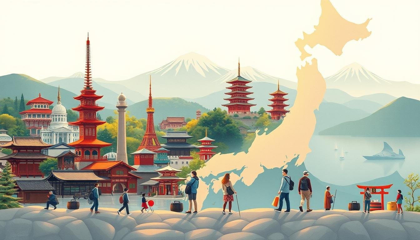 A detailed illustration of the diverse regional travel experiences in Japan. In the foreground, a panoramic view of iconic landmarks in the Kanto, Kansai, Kyushu, and Hokuriku regions, showcasing their unique architectural styles, natural landscapes, and cultural heritage. The middle ground features travelers exploring these distinct destinations, immersed in local traditions and activities. The background is a softly blurred map of Japan, highlighting the geographic relationships between these captivating regions. The scene is bathed in warm, golden lighting, creating a sense of tranquility and wonder, inviting the viewer to imagine themselves on an unforgettable journey through the diverse landscapes of Japan. A detailed illustration of the diverse regional travel experiences in Japan. In the foreground, a panoramic view of iconic landmarks in the Kanto, Kansai, Kyushu, and Hokuriku regions, showcasing their unique architectural styles, natural landscapes, and cultural heritage. The middle ground features travelers exploring these distinct destinations, immersed in local traditions and activities. The background is a softly blurred map of Japan, highlighting the geographic relationships between these captivating regions. The scene is bathed in warm, golden lighting, creating a sense of tranquility and wonder, inviting the viewer to imagine themselves on an unforgettable journey through the diverse landscapes of Japan.