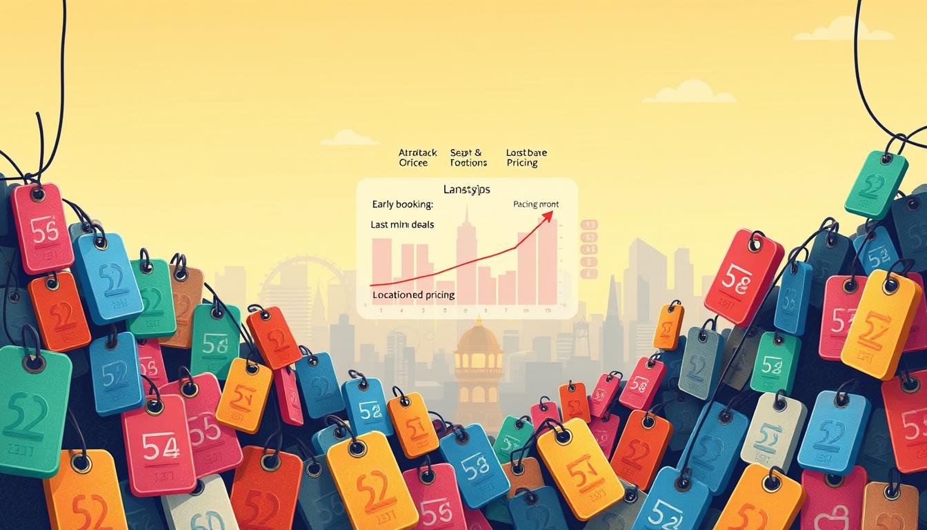 A detailed illustration showcasing a strategic price landscape. In the foreground, a vibrant array of price tags in various colors, sizes, and shapes, representing the diverse pricing options available. In the middle ground, a stylized chart or graph that visualizes the relationship between early booking discounts, last-minute deals, and location-based pricing. The background features a minimalist cityscape, hinting at the global nature of travel and the factors that influence pricing strategies. The scene is bathed in a warm, inviting lighting, conveying a sense of thoughtfulness and professionalism in the pricing approach. The overall composition should strike a balance between the practical and the aesthetic, serving as a visually engaging representation of the "Price Strategy and Booking Recommendations" section.