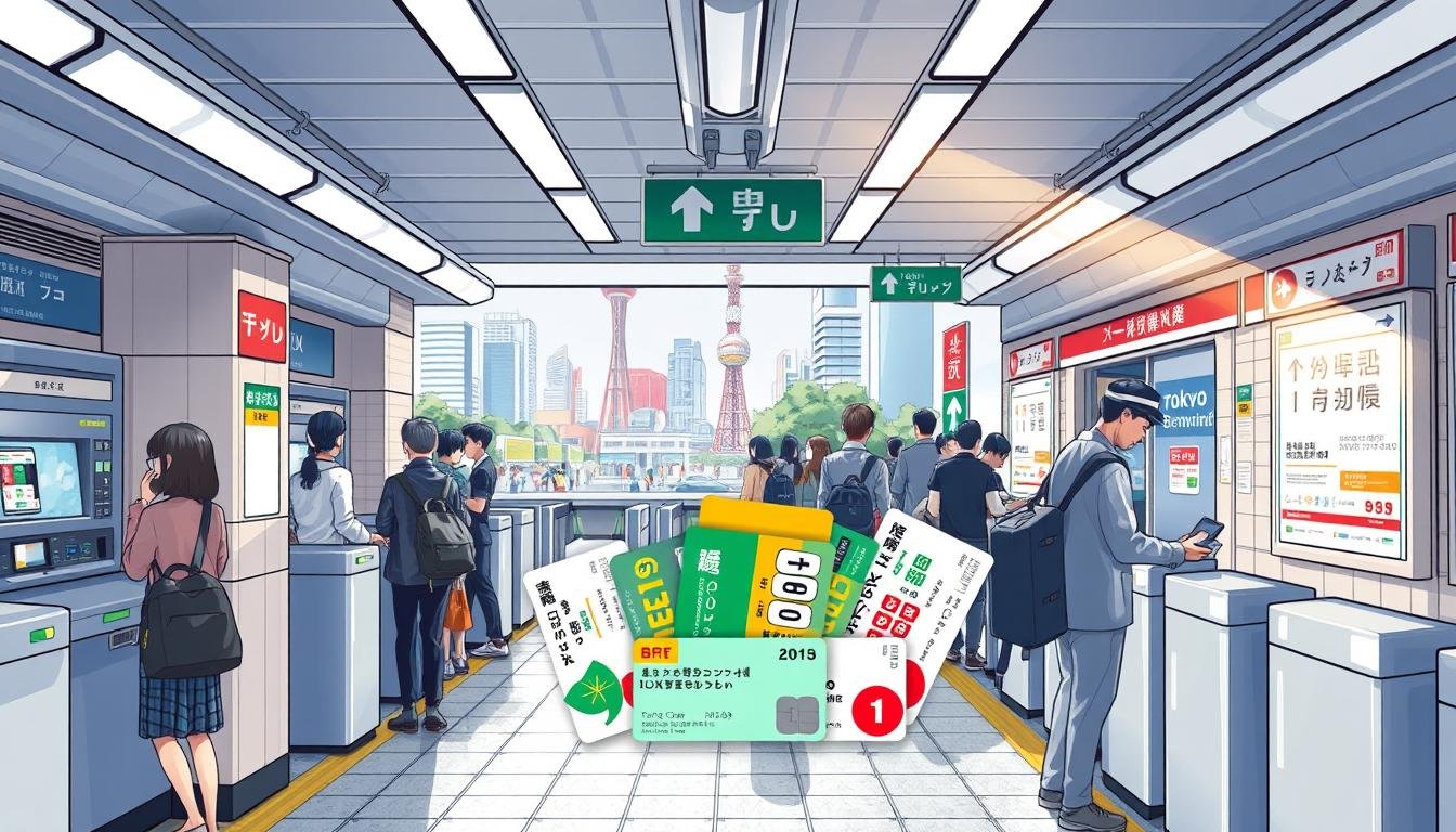 A detailed, informative illustration of "東京交通票券使用攻略" for a travel guide article. A visually striking composition depicting a Tokyo subway station platform, with commuters navigating the ticket machines and turnstiles. Bright, natural lighting illuminates the scene, highlighting the orderly flow of people and the clearly marked signage. The middle ground showcases a selection of popular transit passes, tickets, and IC cards, their designs and features prominently displayed. In the background, a glimpse of the bustling city streets outside, with recognizable landmarks like the iconic Tokyo Skytree visible. The overall atmosphere conveys a sense of efficiency, convenience, and the unique transport experience that defines the Tokyo lifestyle.