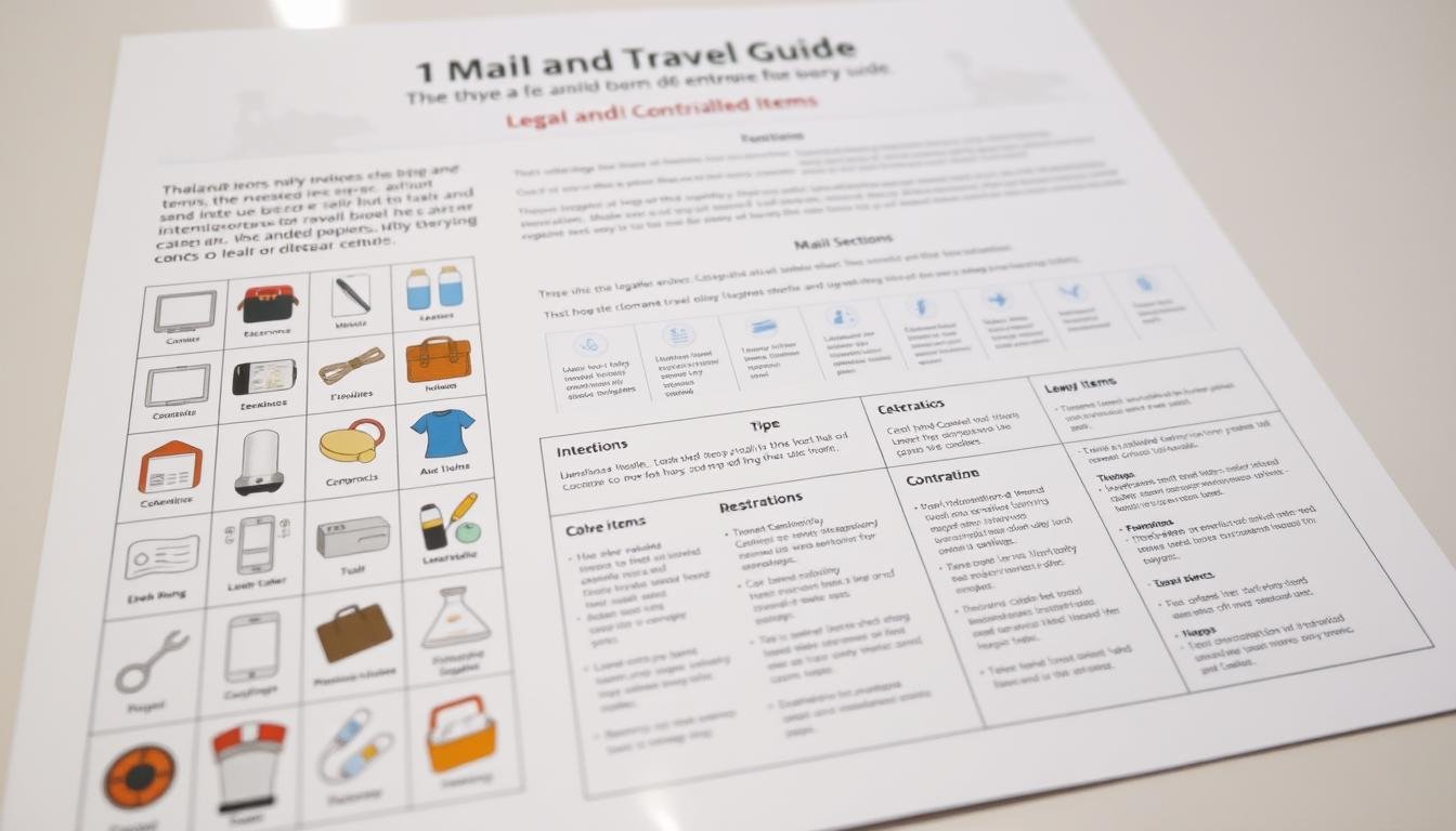 A detailed, informative travel guide showcasing legal and controlled items for entry into Thailand. The guide is presented on a clean, professional-looking document with a minimalist design. The foreground features a grid of icons and illustrations depicting common travel items such as electronics, cosmetics, and medications. The middle ground shows a larger graphic highlighting the main sections of the guide, with clear categorization and labeling. The background has a soft, muted tone with a faint map or skyline motif, suggesting the guide's international travel context. The lighting is bright and uniform, with a warm, welcoming color palette to convey a sense of helpful information. The overall tone is educational yet visually appealing, making the guide easy to navigate and understand.