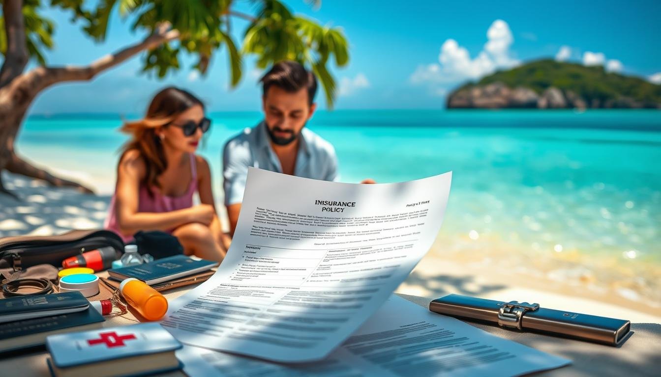 A detailed insurance policy document set against a backdrop of a serene Thai beach scene. In the foreground, a carefully laid out collection of travel essentials like passports, sunscreen, and first-aid kits, illuminated by soft, natural lighting. The middle ground features an attentive family reviewing the fine print, their expressions reflecting a mix of caution and excitement. In the background, the crystal-clear waters of the Andaman Sea lap gently against the pristine, golden sands, creating a calming atmosphere. The overall composition conveys a sense of preparedness and mindfulness, essential for a successful family vacation in Thailand.