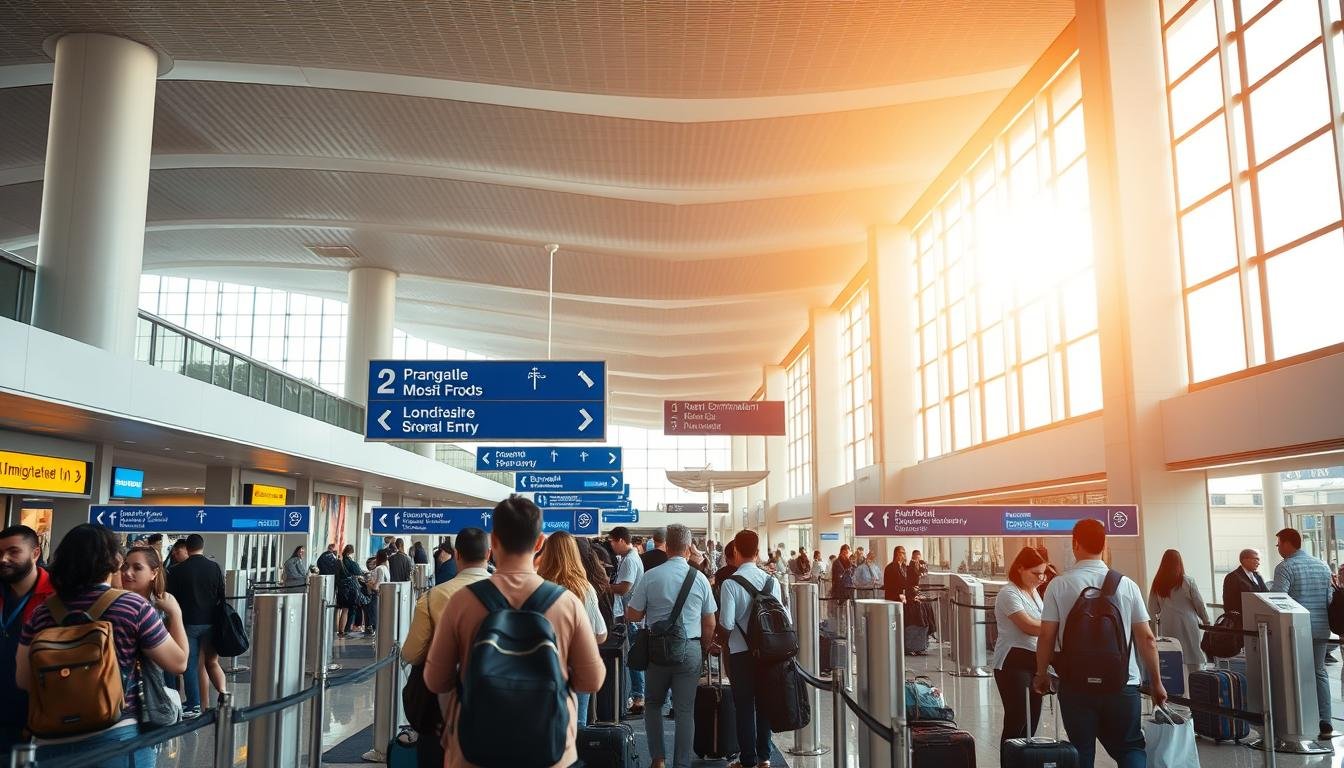 A detailed, neatly organized airport terminal interior with sleek, modern architecture and well-signposted immigration and customs counters. The scene is bathed in warm, diffused natural lighting filtering through large windows, creating a welcoming and efficient atmosphere. In the foreground, travelers line up at the immigration checkpoint, their luggage and documents in hand, while customs officials inspect passports and process arrivals. The middle ground features clear directional signage in Thai and English, guiding newcomers through the entry procedures. The background showcases the wider terminal layout, with shops, lounges, and other amenities visible beyond the immigration area. The overall mood is one of organized efficiency, highlighting the smooth and hassle-free entry process for tourists arriving in Thailand. A detailed, neatly organized airport terminal interior with sleek, modern architecture and well-signposted immigration and customs counters. The scene is bathed in warm, diffused natural lighting filtering through large windows, creating a welcoming and efficient atmosphere. In the foreground, travelers line up at the immigration checkpoint, their luggage and documents in hand, while customs officials inspect passports and process arrivals. The middle ground features clear directional signage in Thai and English, guiding newcomers through the entry procedures. The background showcases the wider terminal layout, with shops, lounges, and other amenities visible beyond the immigration area. The overall mood is one of organized efficiency, highlighting the smooth and hassle-free entry process for tourists arriving in Thailand.