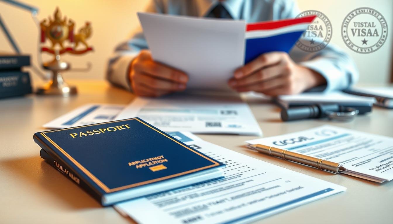 A detailed, official-looking document with the Thai flag prominently displayed, showcasing the application process for a Thai visa. The foreground features a realistic rendering of a passport, application forms, and supporting documents neatly arranged on a neutral-colored desk. The middle ground depicts a person carefully reviewing the paperwork, conveying the seriousness and precision required for a successful visa application. The background subtly includes elements like the Thai coat of arms, official seals, and a soft, warm lighting that enhances the professional, government-endorsed atmosphere. The overall composition communicates the importance and procedures involved in obtaining a Thai visa, suitable for the travel guide's "Thai Visa and Visa on Arrival" section. A detailed, official-looking document with the Thai flag prominently displayed, showcasing the application process for a Thai visa. The foreground features a realistic rendering of a passport, application forms, and supporting documents neatly arranged on a neutral-colored desk. The middle ground depicts a person carefully reviewing the paperwork, conveying the seriousness and precision required for a successful visa application. The background subtly includes elements like the Thai coat of arms, official seals, and a soft, warm lighting that enhances the professional, government-endorsed atmosphere. The overall composition communicates the importance and procedures involved in obtaining a Thai visa, suitable for the travel guide's "Thai Visa and Visa on Arrival" section.