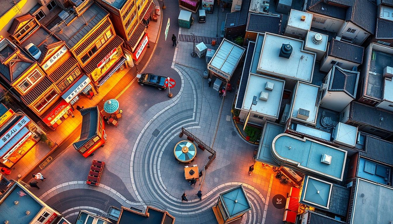 A detailed overhead map of the Hannam-dong and Yeonnam-dong shopping districts in Seoul, South Korea. The map shows the winding streets, storefronts, and landmarks of these charming, pedestrian-friendly neighborhoods. Warm natural lighting illuminates the scene, capturing the vibrant colors and textures of the buildings, cafes, boutiques, and street vendors. The composition emphasizes the interconnected nature of the two districts, inviting the viewer to explore the unique blend of traditional and modern Korean culture, fashion, and culinary delights. A detailed overhead map of the Hannam-dong and Yeonnam-dong shopping districts in Seoul, South Korea. The map shows the winding streets, storefronts, and landmarks of these charming, pedestrian-friendly neighborhoods. Warm natural lighting illuminates the scene, capturing the vibrant colors and textures of the buildings, cafes, boutiques, and street vendors. The composition emphasizes the interconnected nature of the two districts, inviting the viewer to explore the unique blend of traditional and modern Korean culture, fashion, and culinary delights.