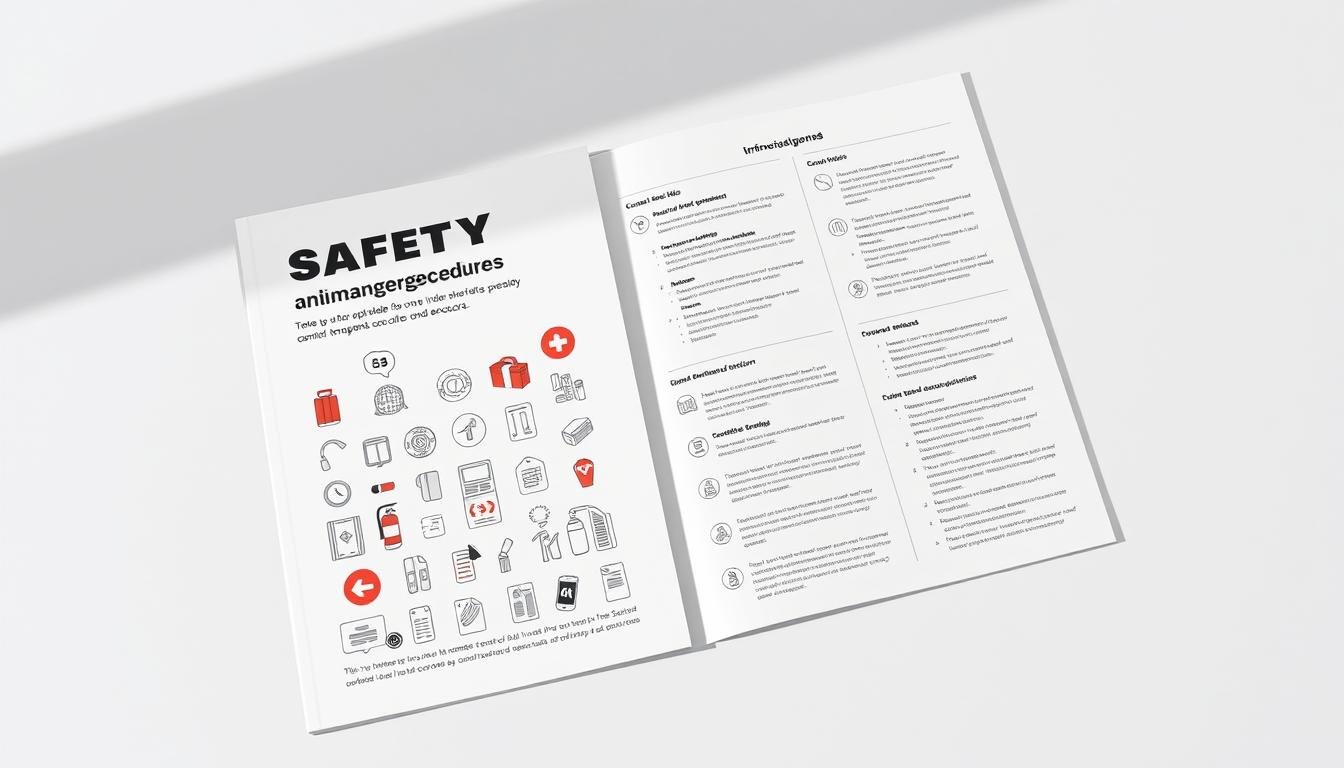A detailed safety and emergency procedures guidebook, with a clean, modern design. The cover features an illustration of various safety icons and symbols, such as first aid kits, fire extinguishers, and emergency exits, all in a minimalist, monochromatic color palette. The layout uses a grid-based structure, with ample white space and clear, legible typography. The overall mood is one of professionalism, safety, and practicality, conveying a sense of reliability and preparedness.
